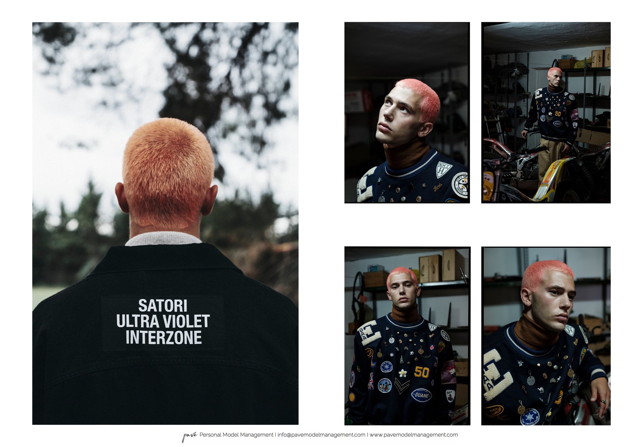 Collage of a modern fashion model with pink hair in various poses and settings.