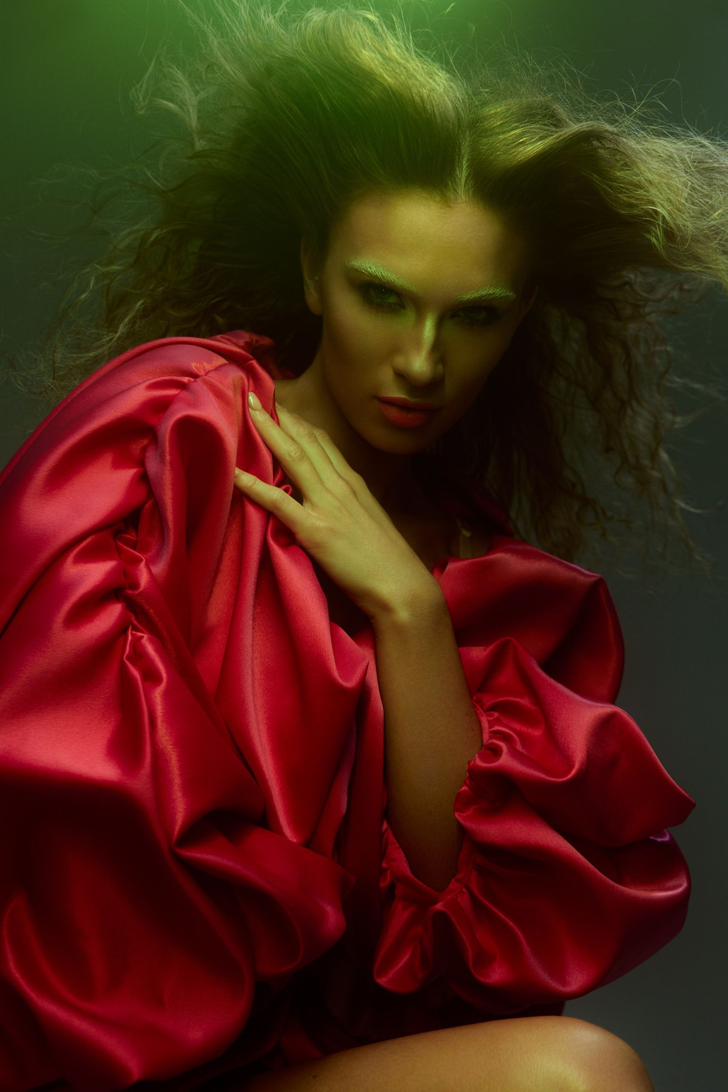 a woman in a red dress