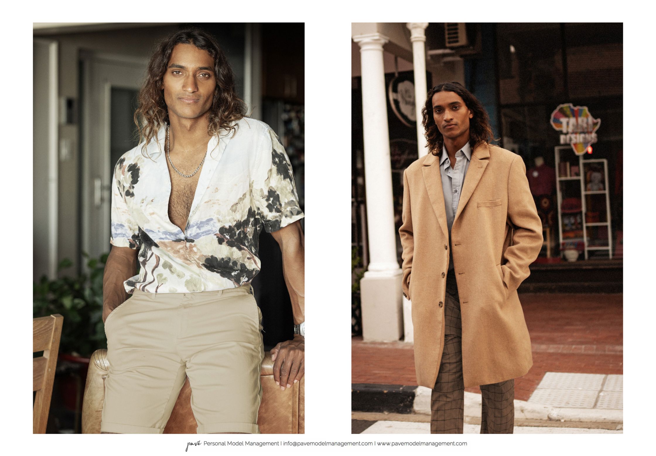A man with long dark hair poses in two different outfits, a patterned short-sleeved shirt with beige shorts and a tan long coat with plaid pants.