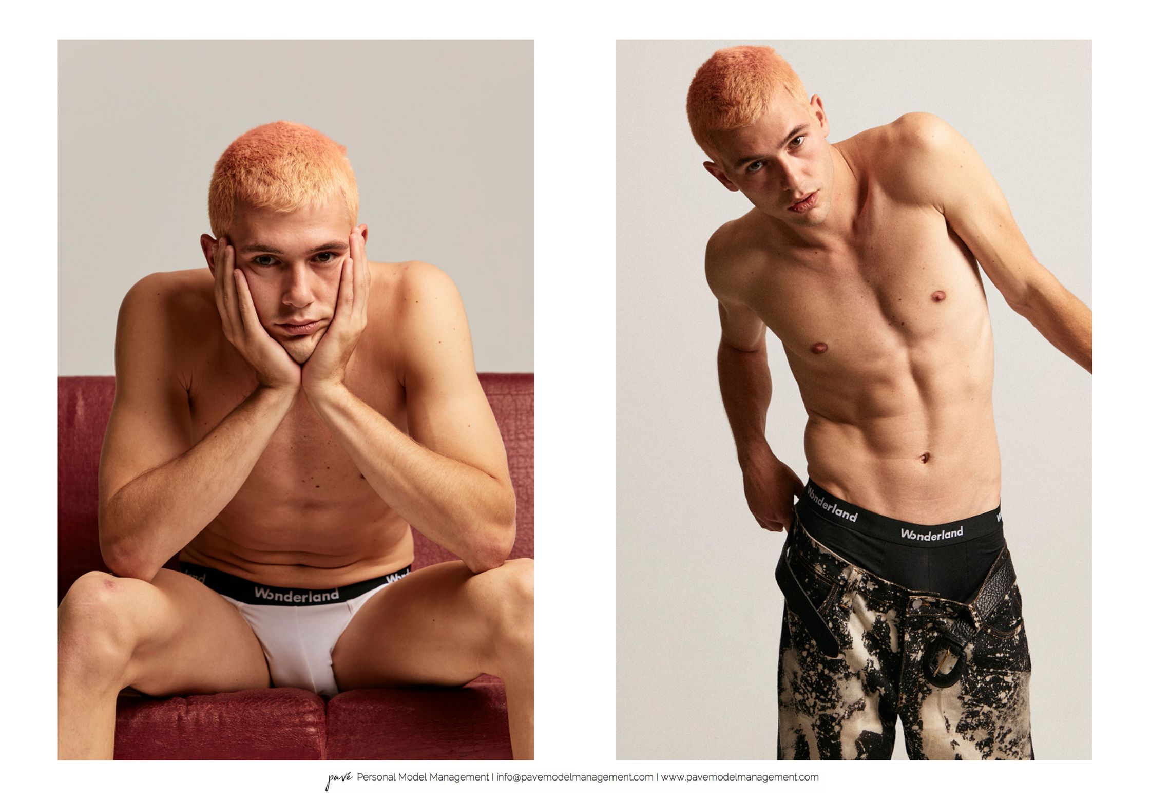 A male model with peach-colored buzzcut hair poses shirtless in two panels, wearing white briefs sitting on a red couch in the left and black boxers with patterned pants in the right.