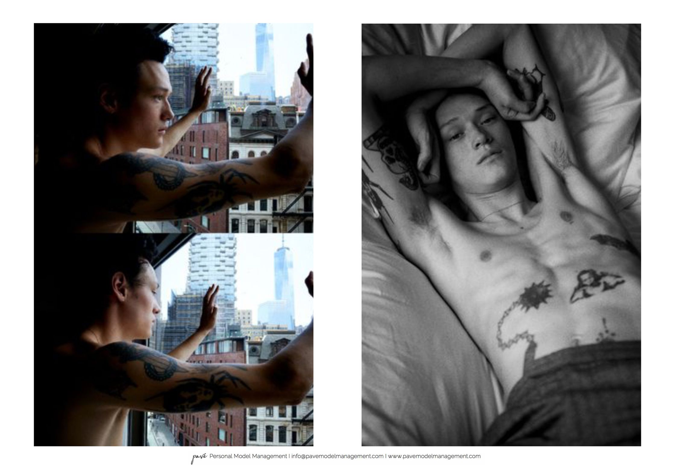 A man with tattoos on his arms and torso is shown in two settings: looking out a window at a city skyline and lying in bed.
