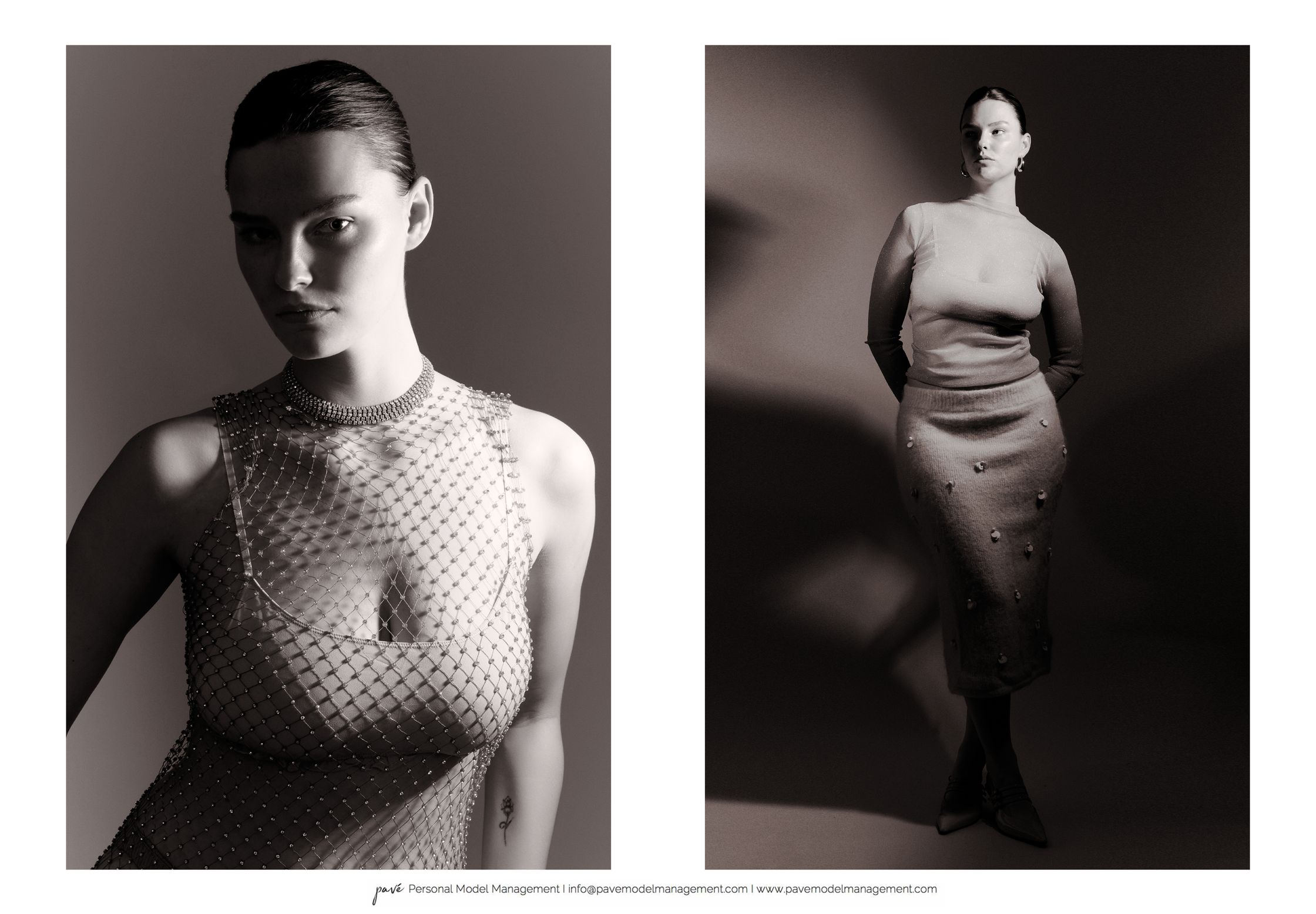 A black and white diptych features a woman modeling two outfits, one with a mesh top and the other a fitted long-sleeved top and skirt.