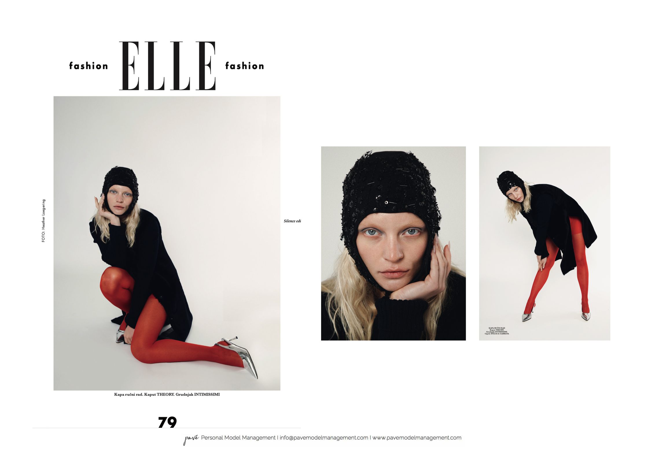A woman with blonde hair, fair skin, and light eyes models a black textured balaclava, a black long-sleeved top, bright red tights, and silver pointed-toe heels in three poses on a white background.
