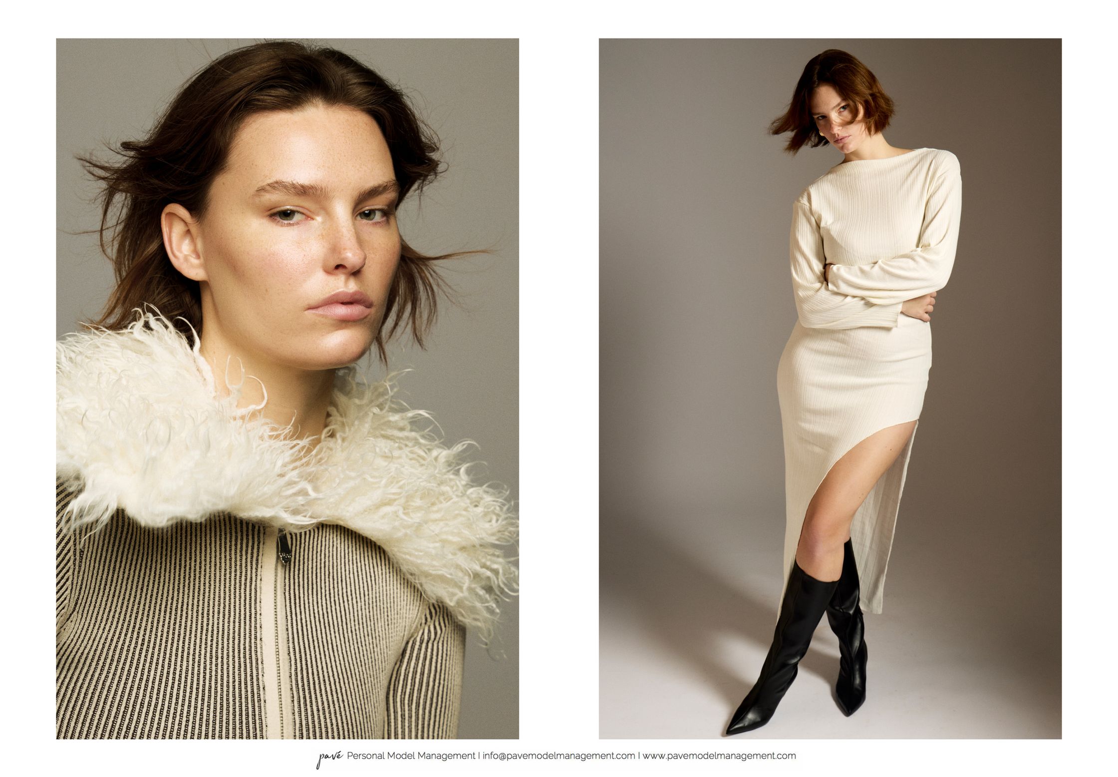 A diptych featuring an editorial fashion model in soft lighting, showing a close-up with a faux-fur collar and a full-body shot in a cream long-sleeved dress with a high slit and black boots.