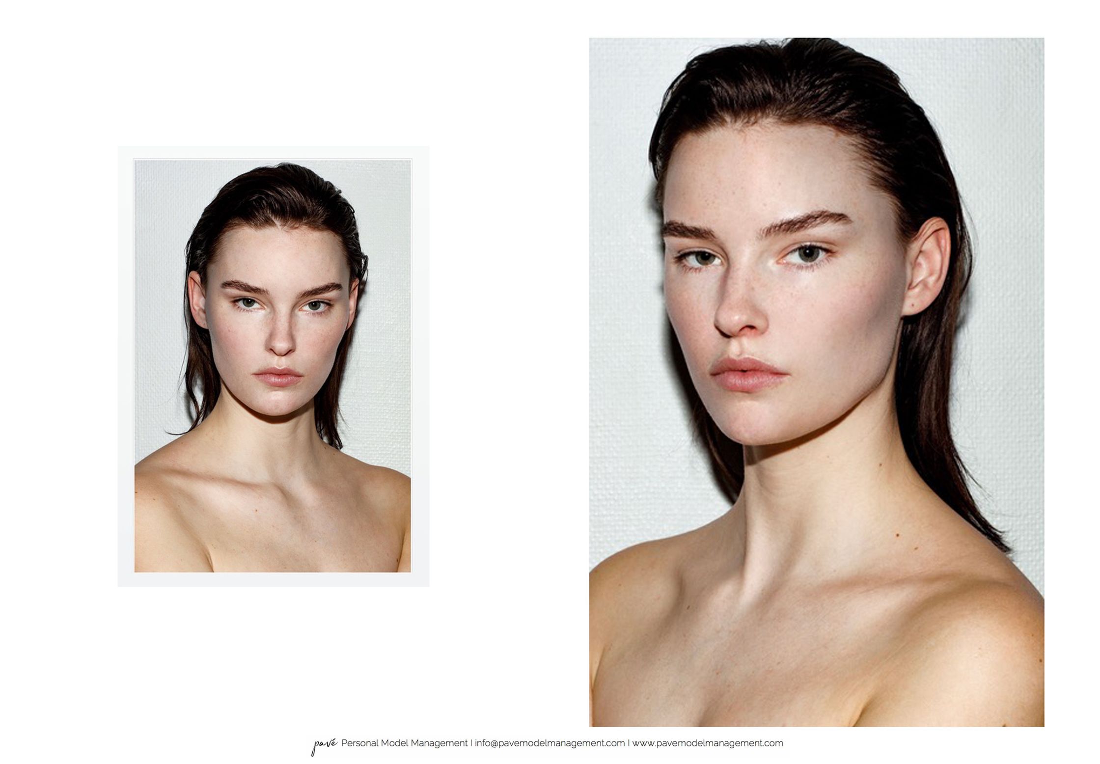 A two-panel image shows a young woman with dark hair and bare shoulders, looking directly at the viewer.