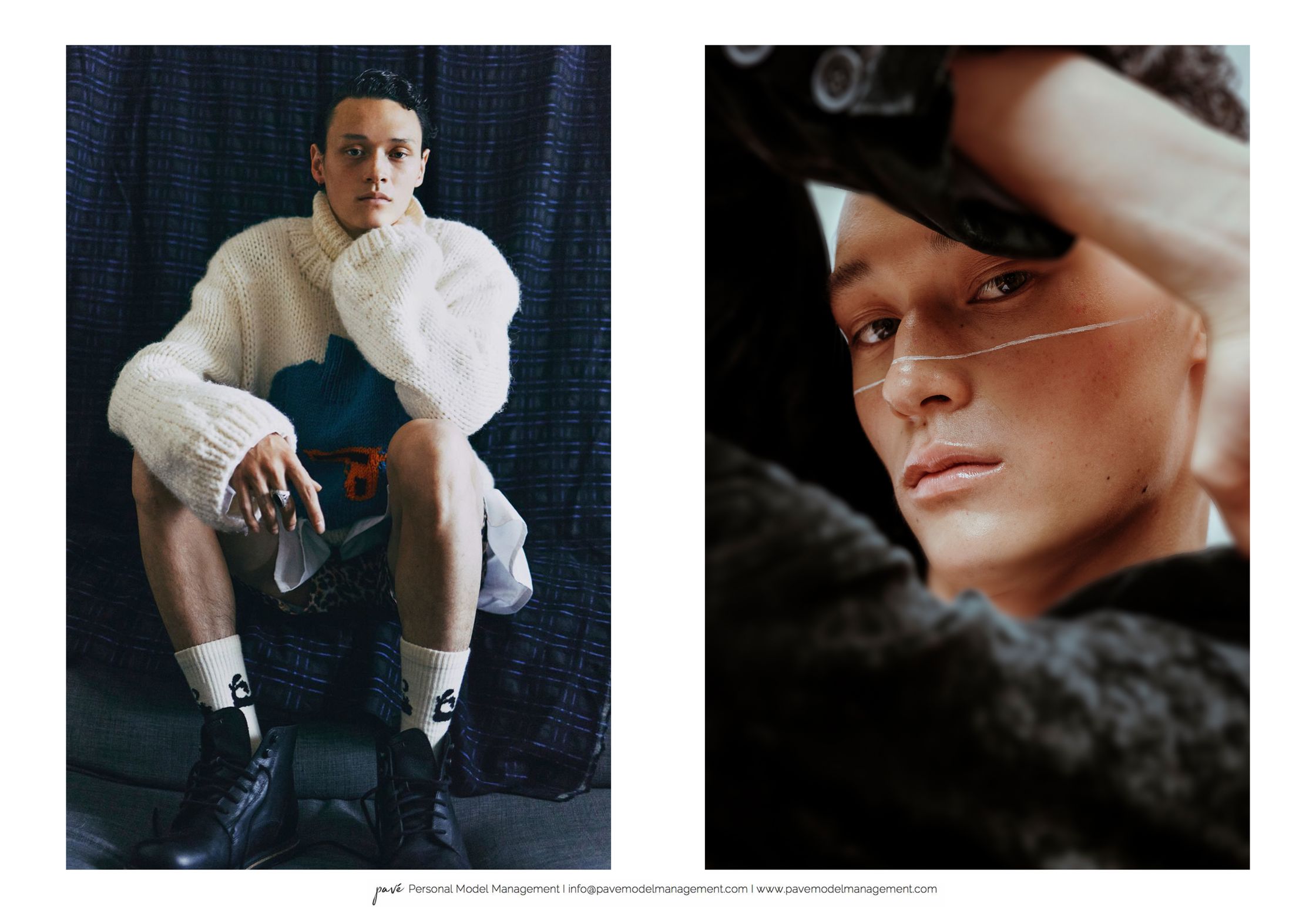 Two editorial shots of a man, one in a chunky knit sweater and another a close-up with a white line painted on his face.