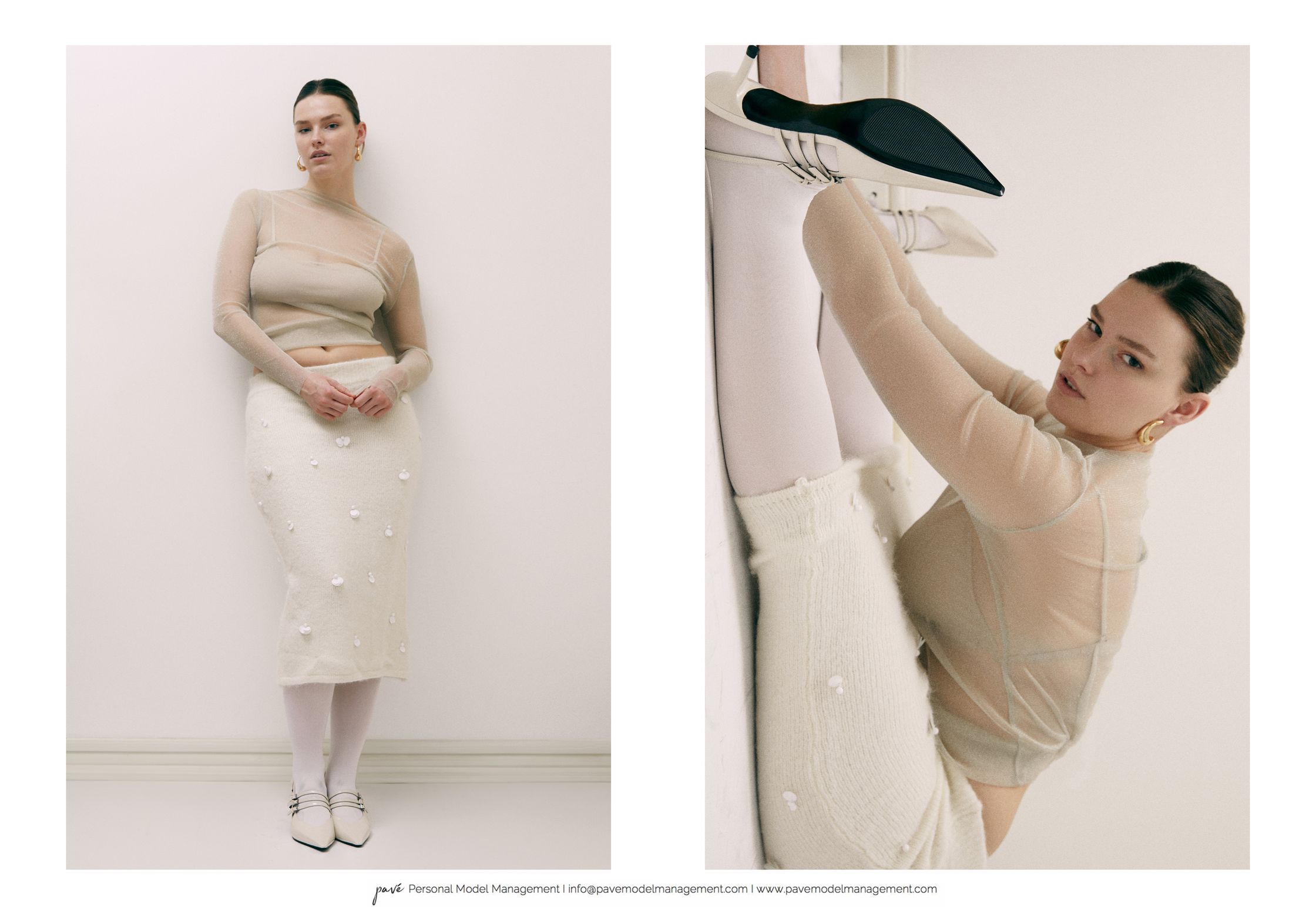 A model in a sheer top and white skirt with white flowers and a pair of white shoes poses on a white background.