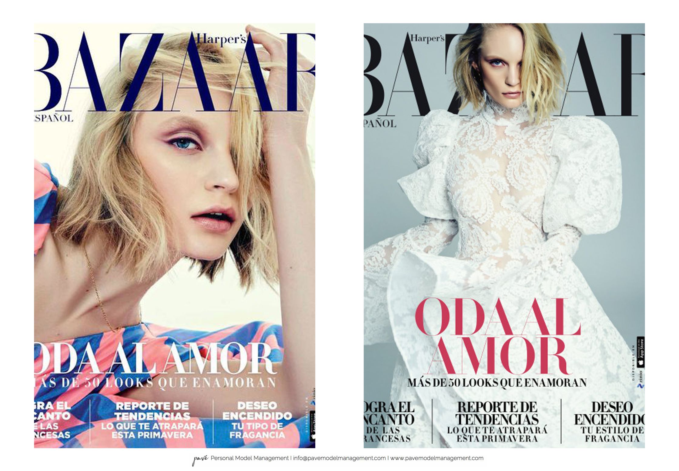 Two magazine covers featuring models, with the left showing a model in a colorful top and the right a model in a white lace dress.