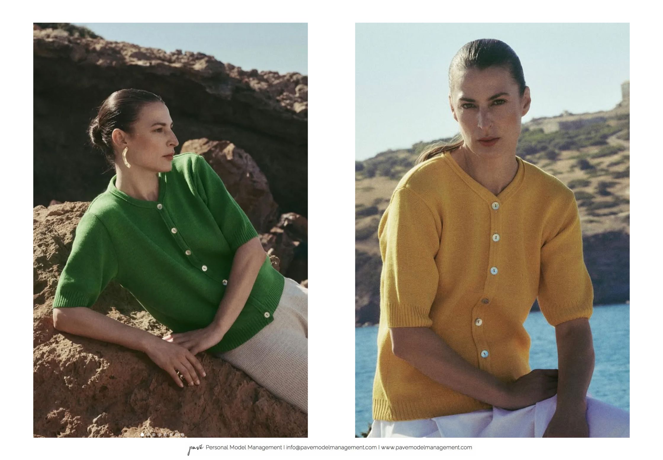A two-panel image showing a woman posing outdoors, first in a green short-sleeved cardigan and then in a yellow short-sleeved cardigan.