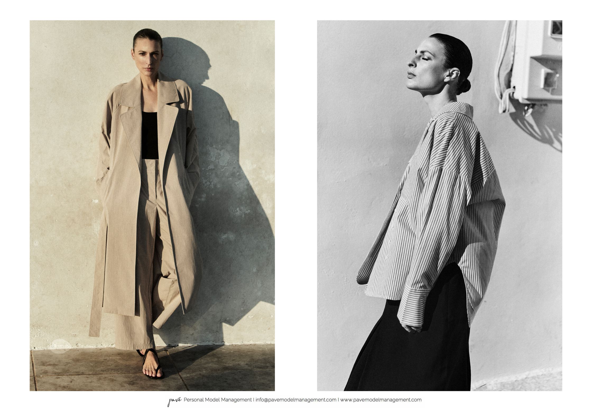 Two photos of a woman, one in a tan coat and pants, the other in a striped shirt, standing against a white wall in sunlight.