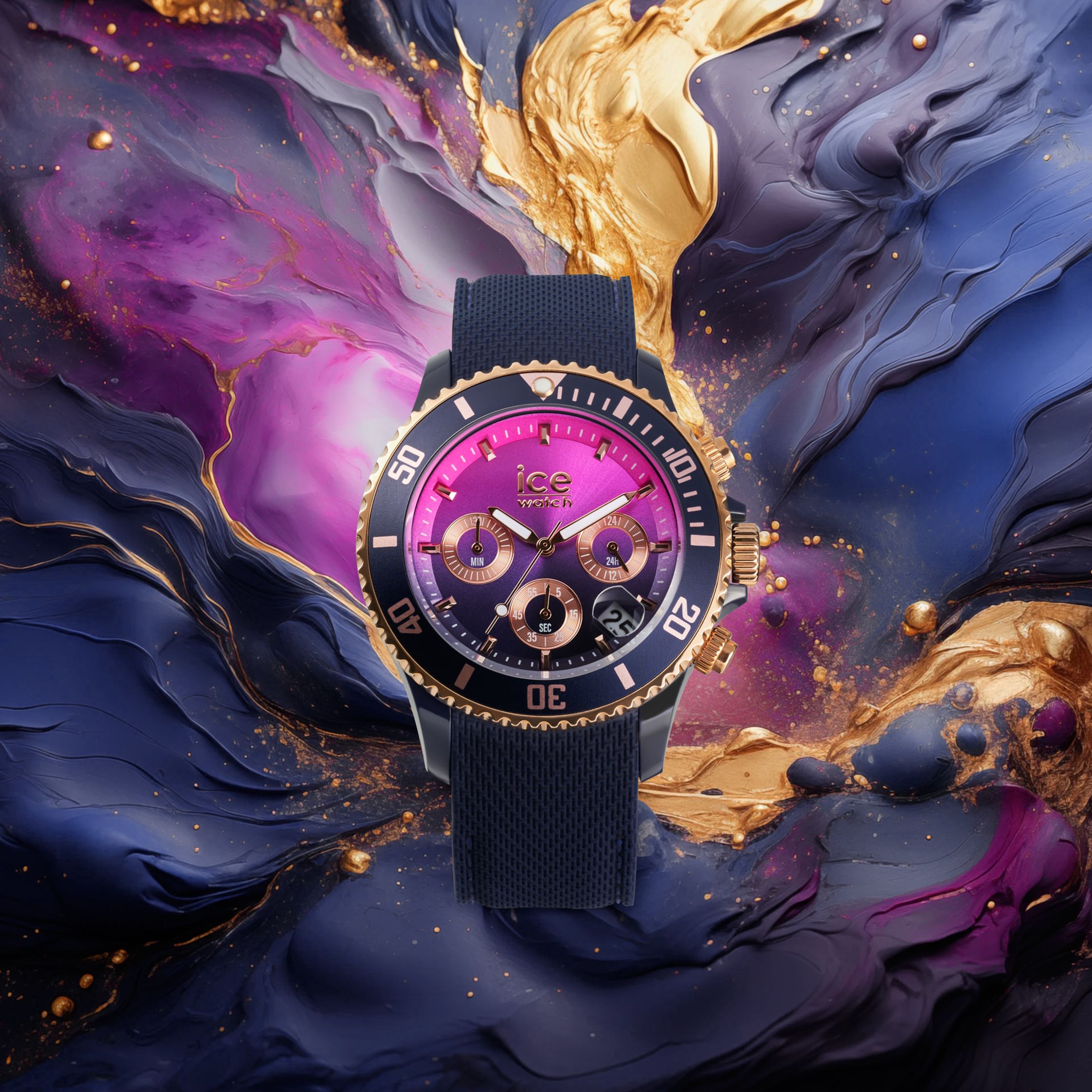 a watch with a purple and gold face on a blue background