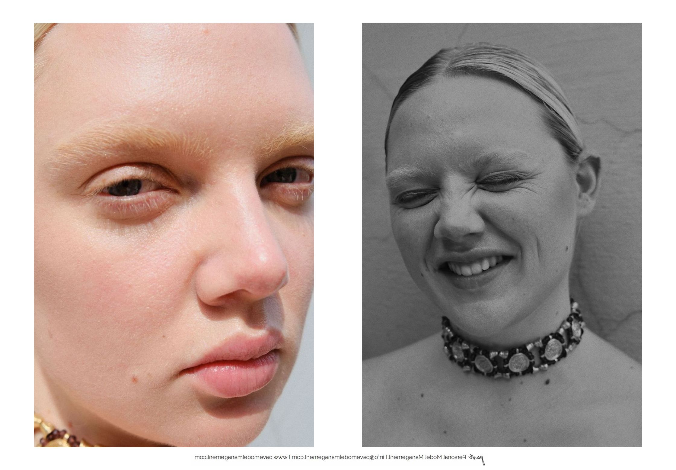 A two-panel image shows a woman with bleached eyebrows and an intricate choker, first in a close-up profile in color, then in black and white with her eyes closed and a wide smile.