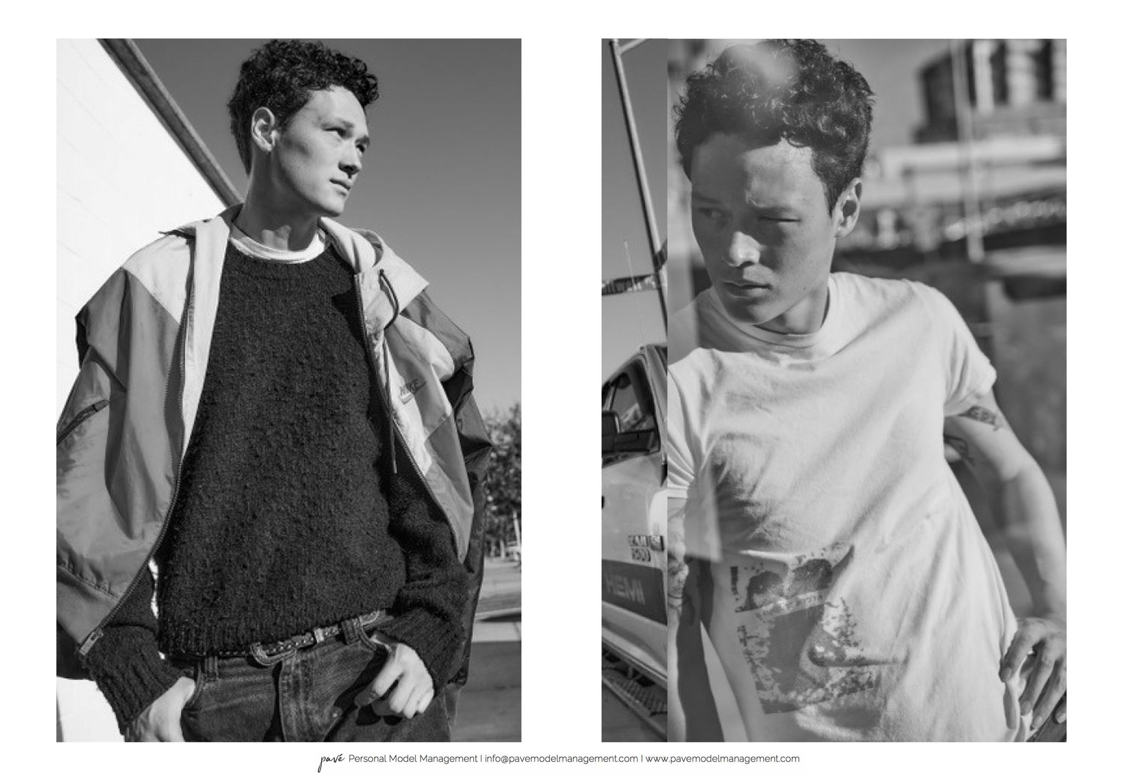 Two black and white photos of a young man with short curly hair, one looking away in a jacket and the other looking down in a t-shirt.