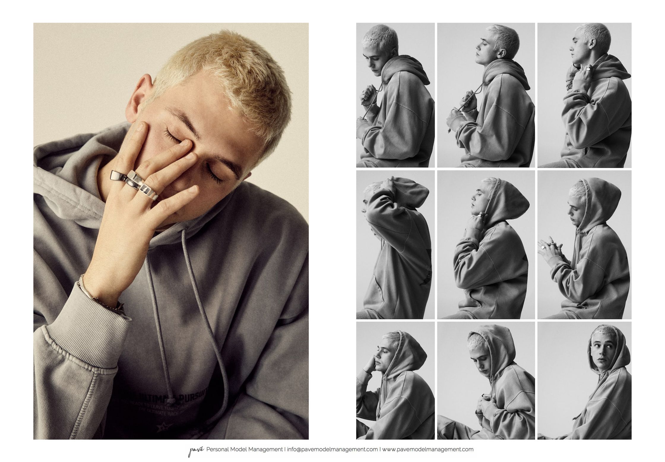 A young man with blonde hair and rings on his left hand in a grey hoodie, with nine black and white portraits of him on the right.