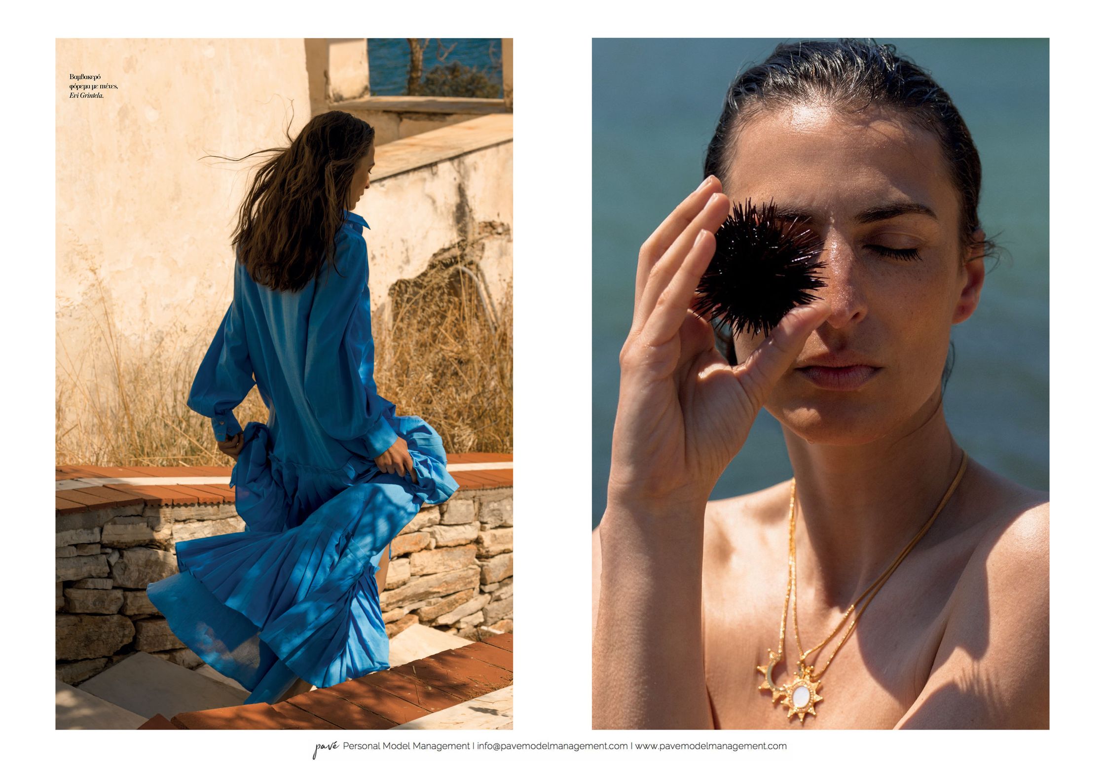 A split image featuring a woman in a blue dress walking down stairs and a close-up of a woman with wet hair holding a sea urchin over her eye.
