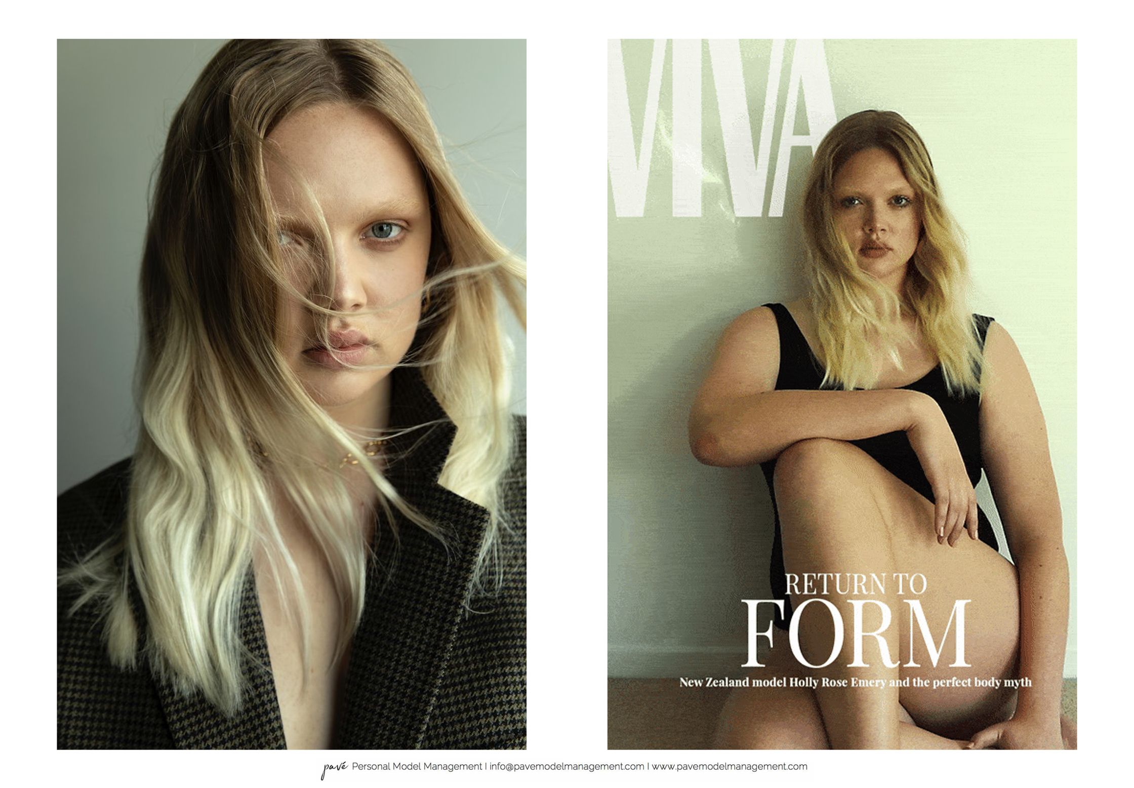 A two-panel image features a blonde woman in a blazer on the left, and the same woman in a black bodysuit on the right with the magazine cover text "RETURN TO FORM."