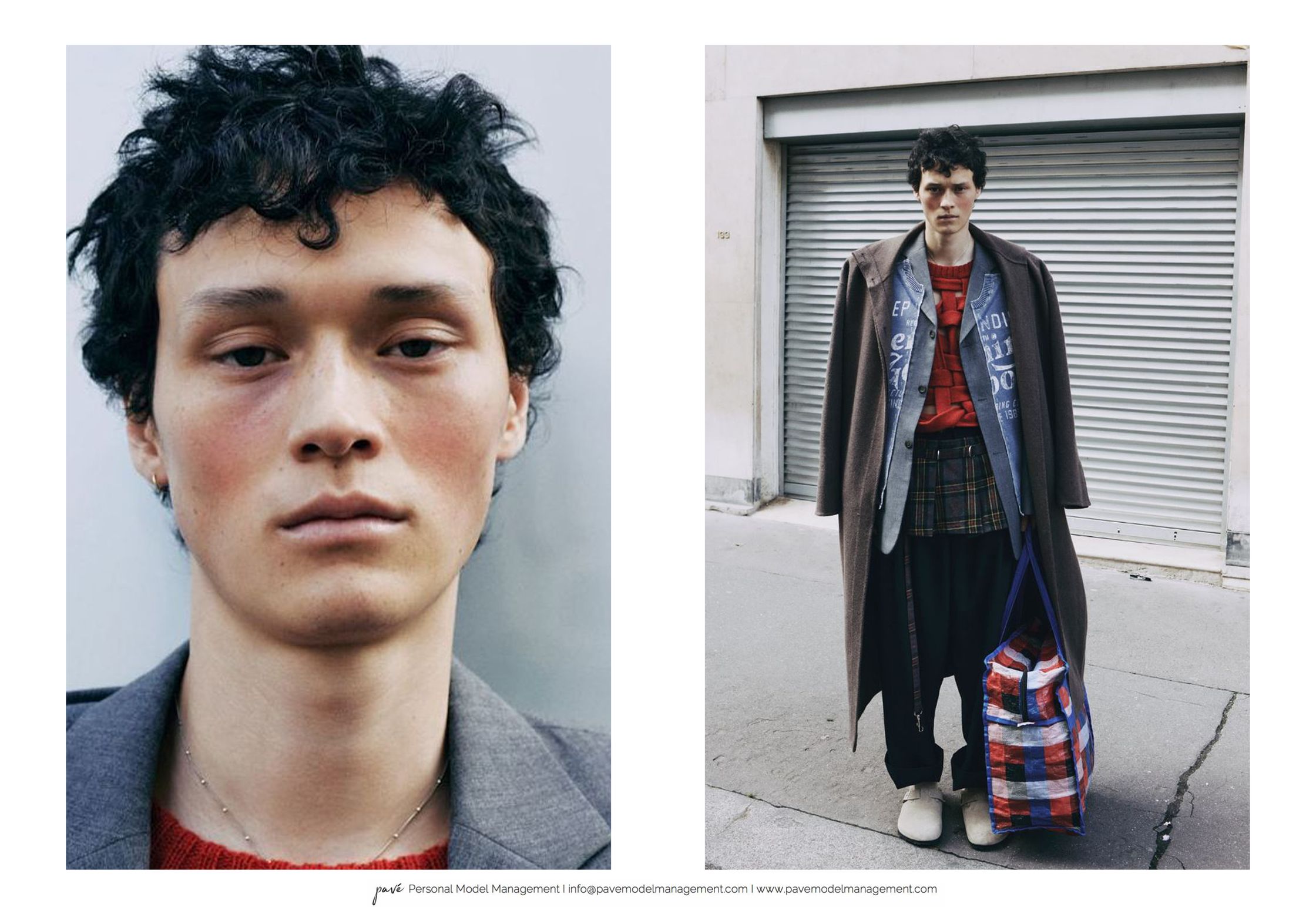 A diptych featuring a man with curly hair and flushed cheeks, with a close-up portrait on the left and a full-body shot of him in a long coat and plaid skirt on the right.