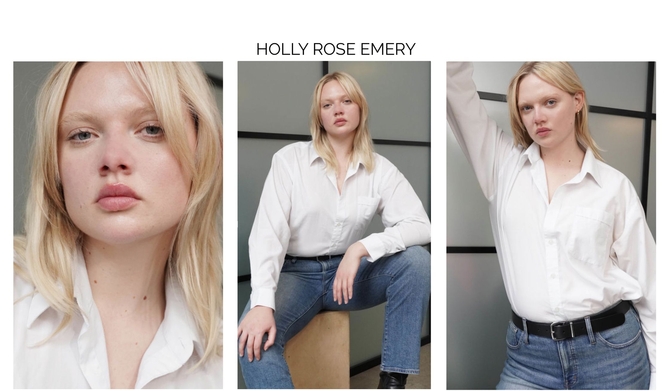 Three images side-by-side show a young woman with blonde hair, wearing a white button-up shirt and blue jeans, in various poses.
