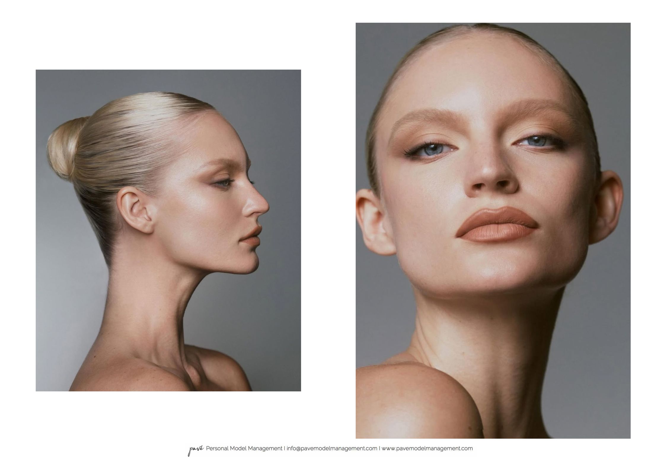 A split image showing a woman's profile and front-facing face, with slicked-back blonde hair and natural makeup.