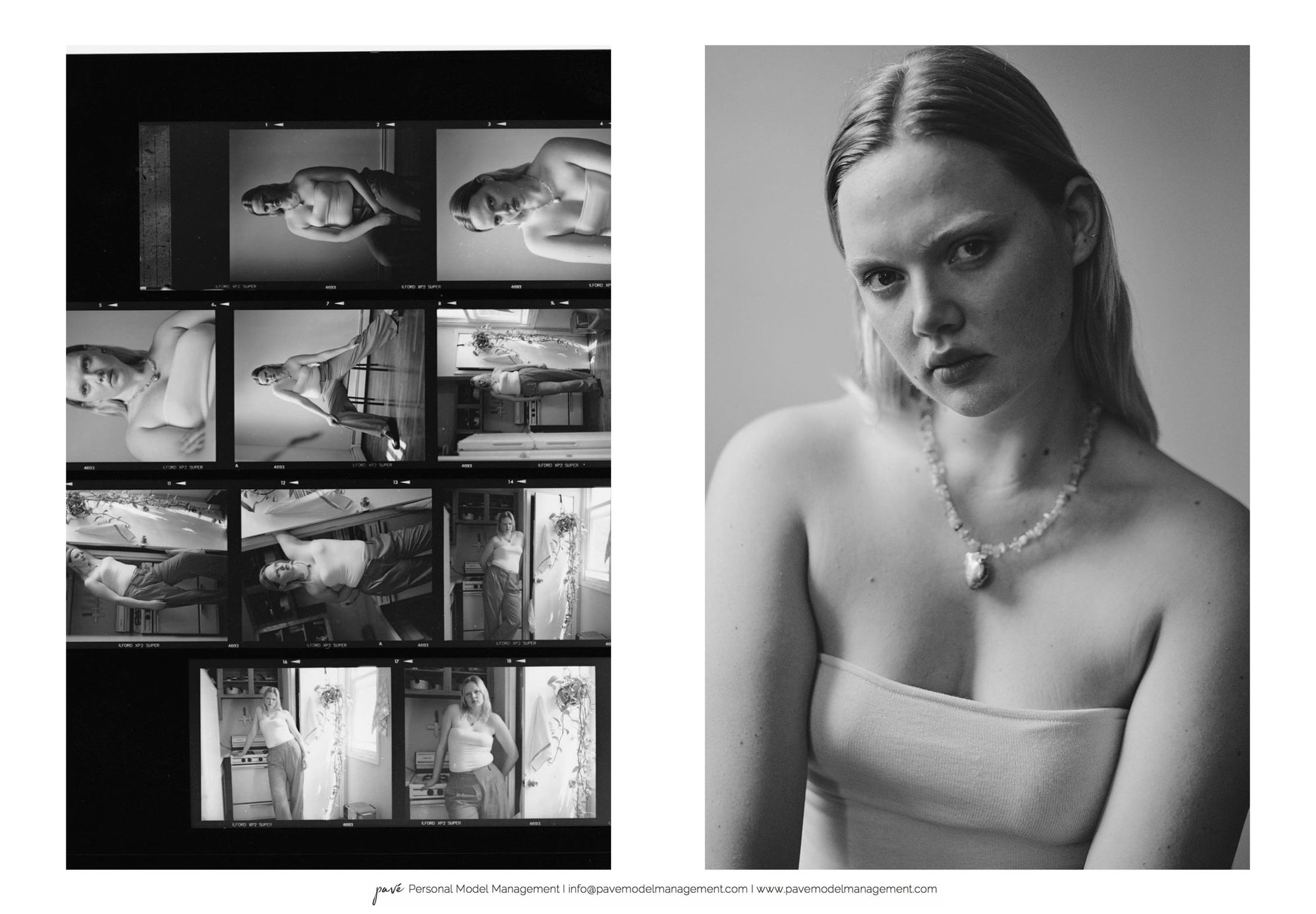 A young woman in a strapless top gazes seriously at the viewer, next to a contact sheet of her in various poses.
