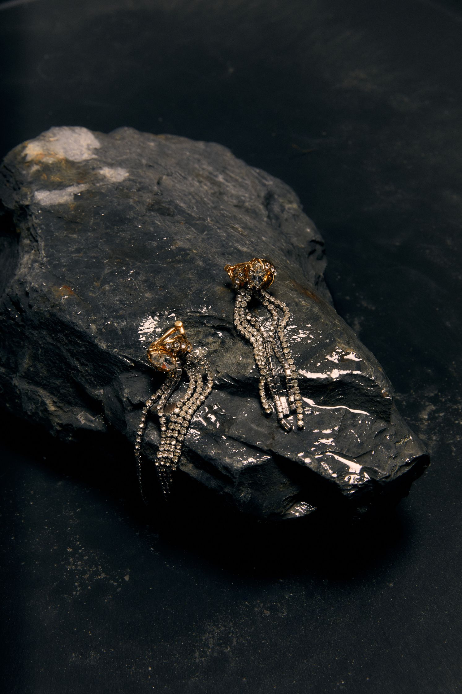 a pair of earrings sitting on top of a rock