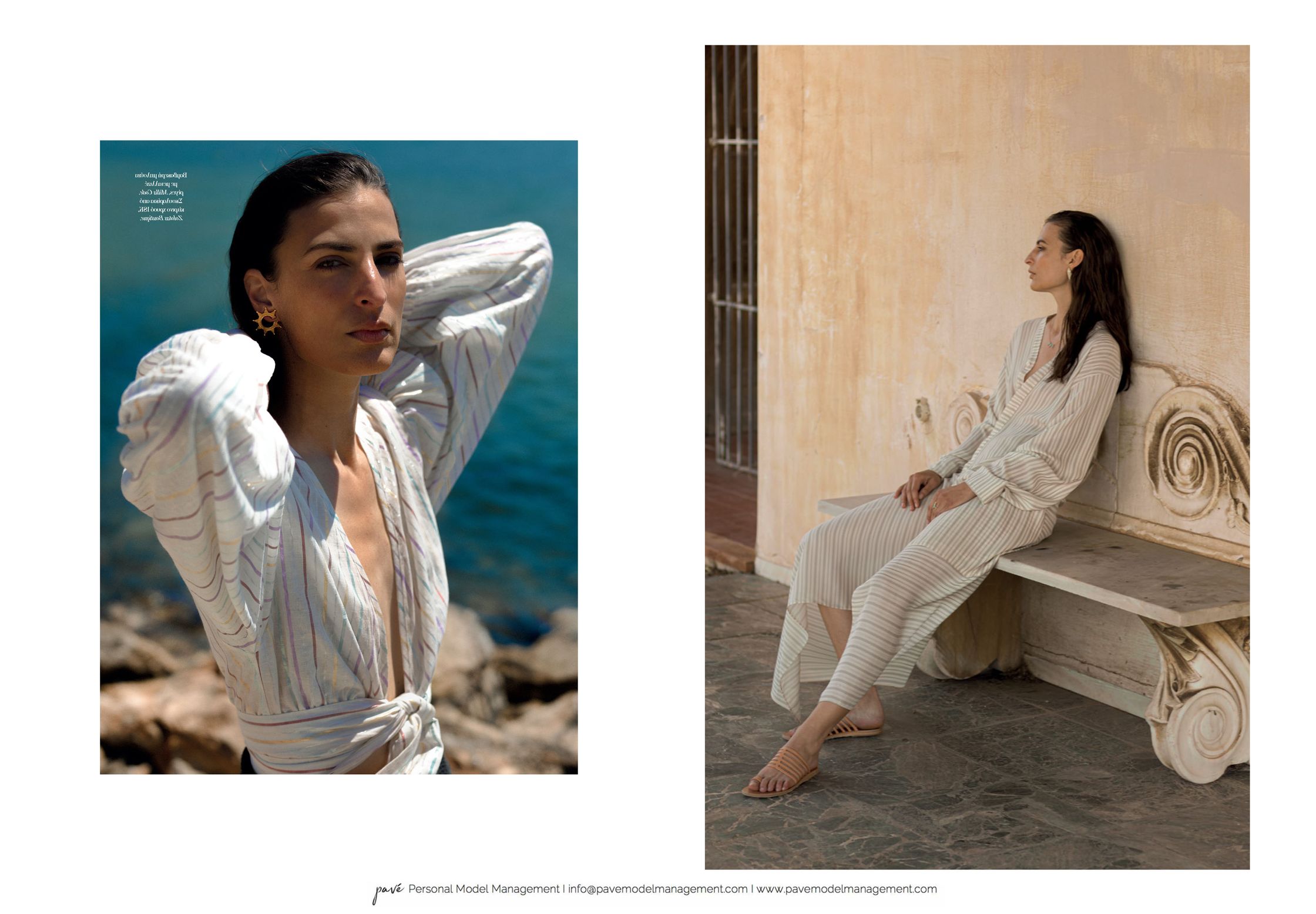 Two images of a woman, one close-up by the water and another seated on a bench, both showing off striped garments.