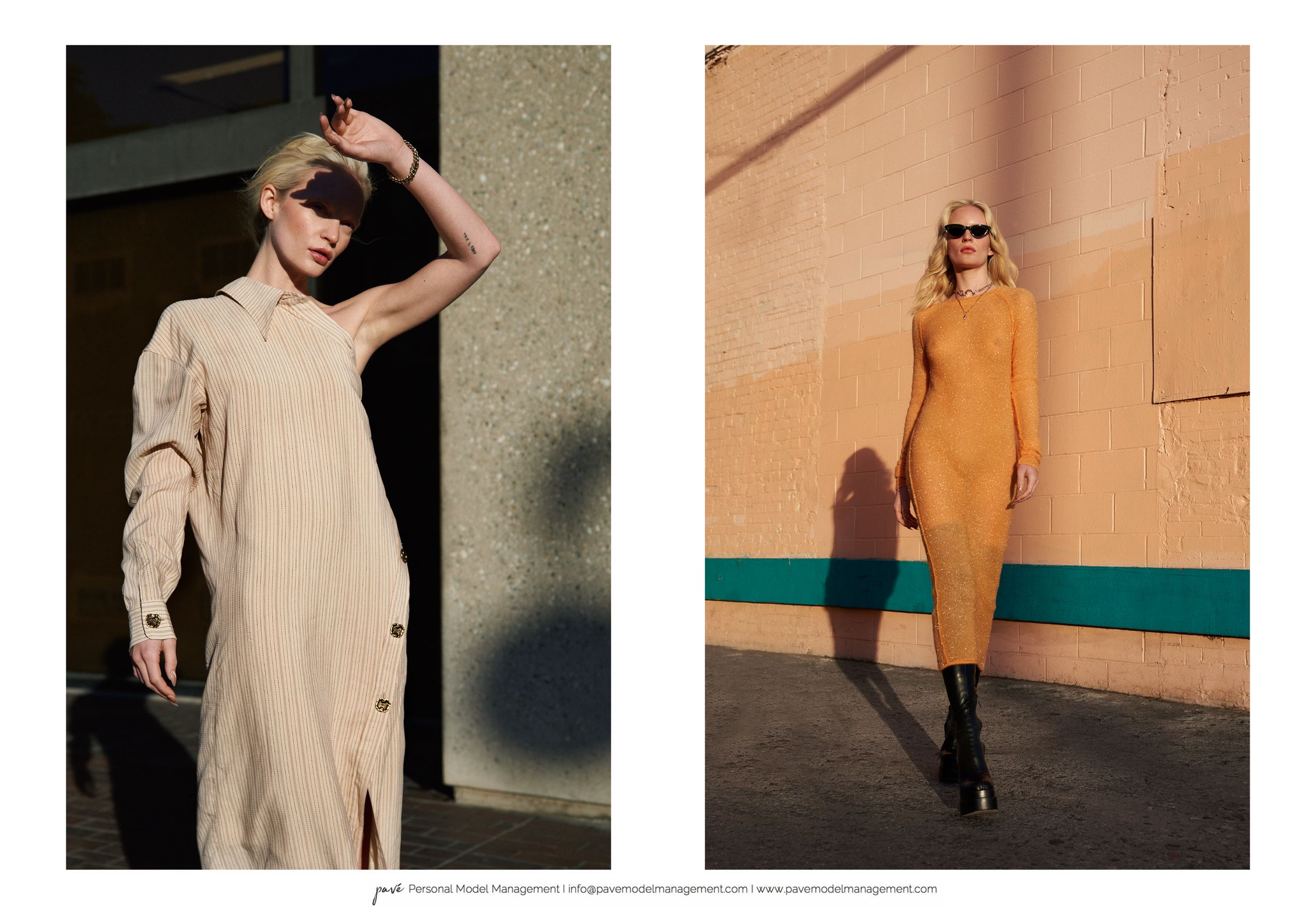 Two female models posing in long dresses, one in a striped beige dress and the other in a sheer orange dress.