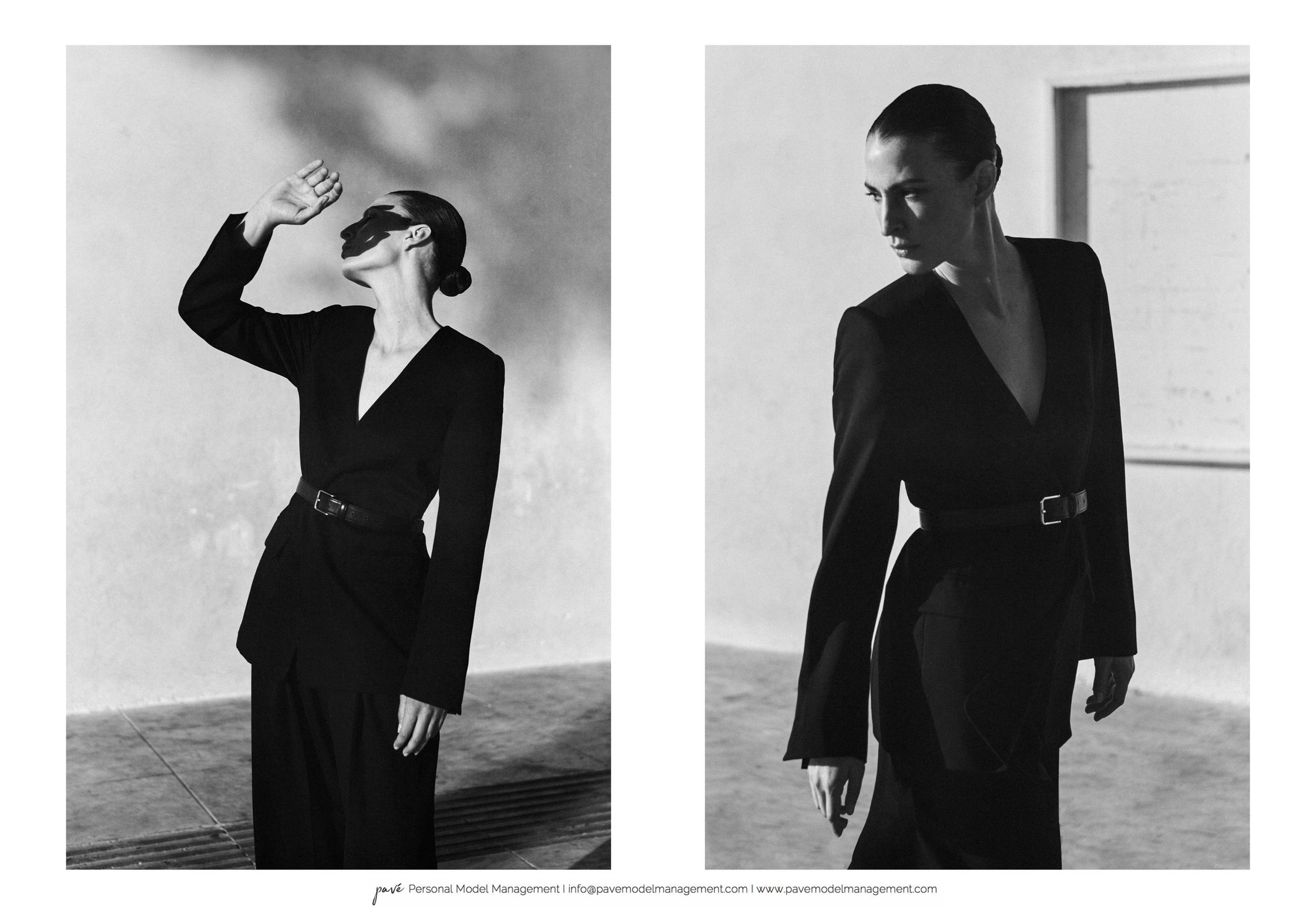 A split black and white image shows a model in a black suit with a V-neck, first with her face masked, raising her hand to shield her eyes, then looking off into the distance.