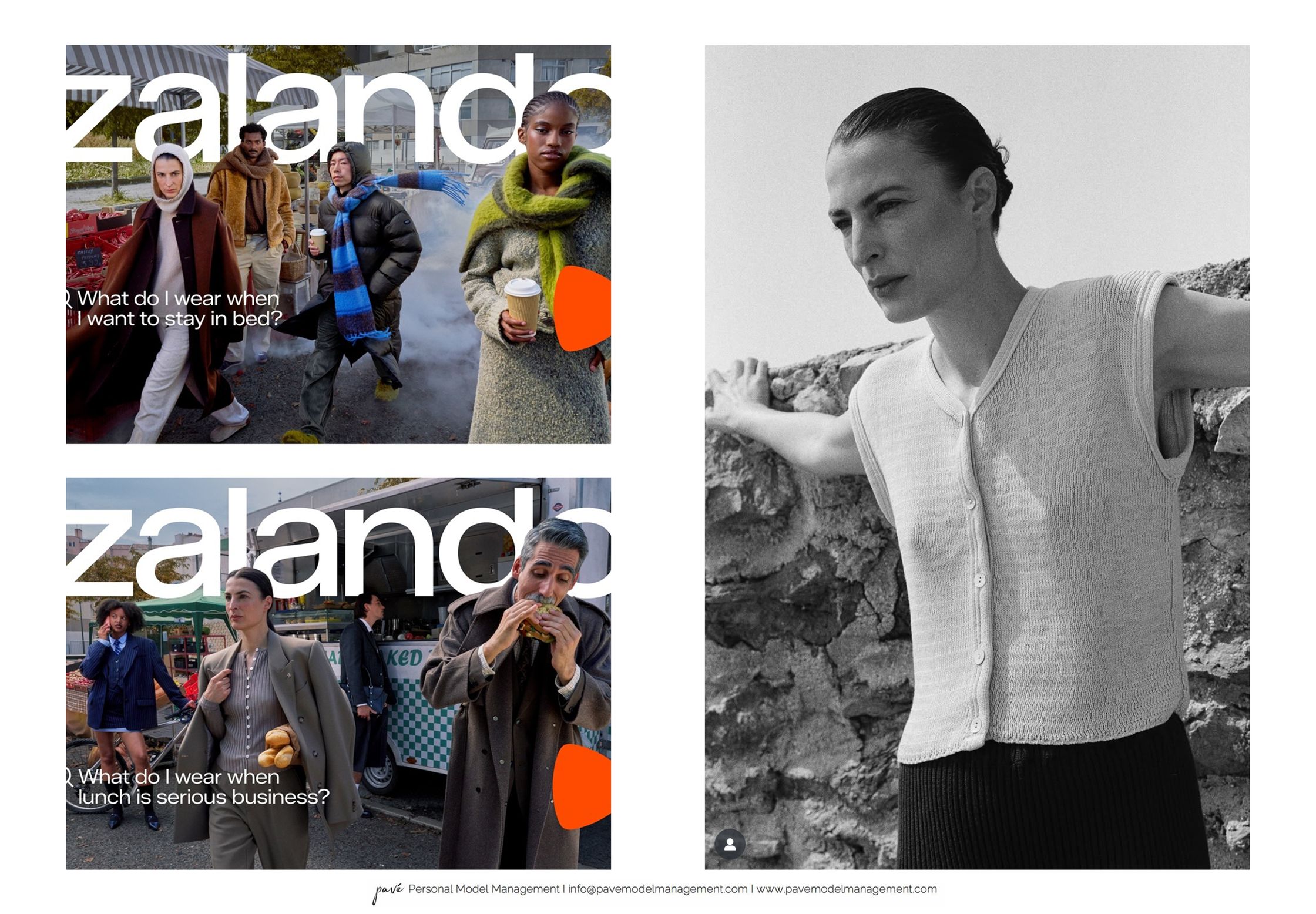 A collage showing three advertising campaign images: two for Zalando, and one black and white photo of a model.