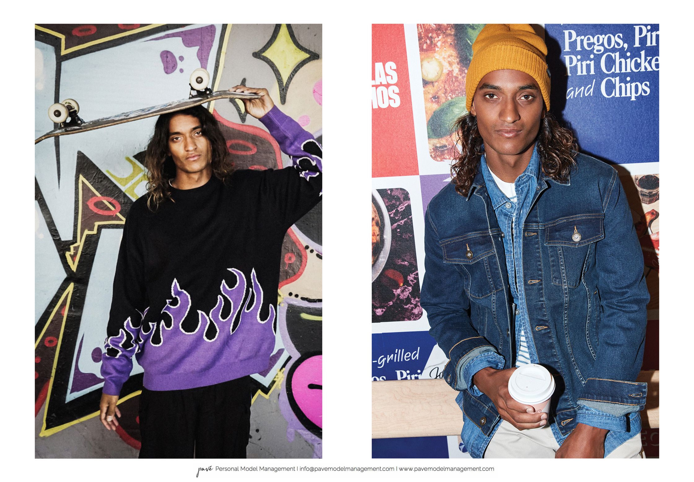 A young man is shown in two different urban settings, first holding a skateboard against graffiti, then wearing a beanie and denim jacket while holding a coffee.