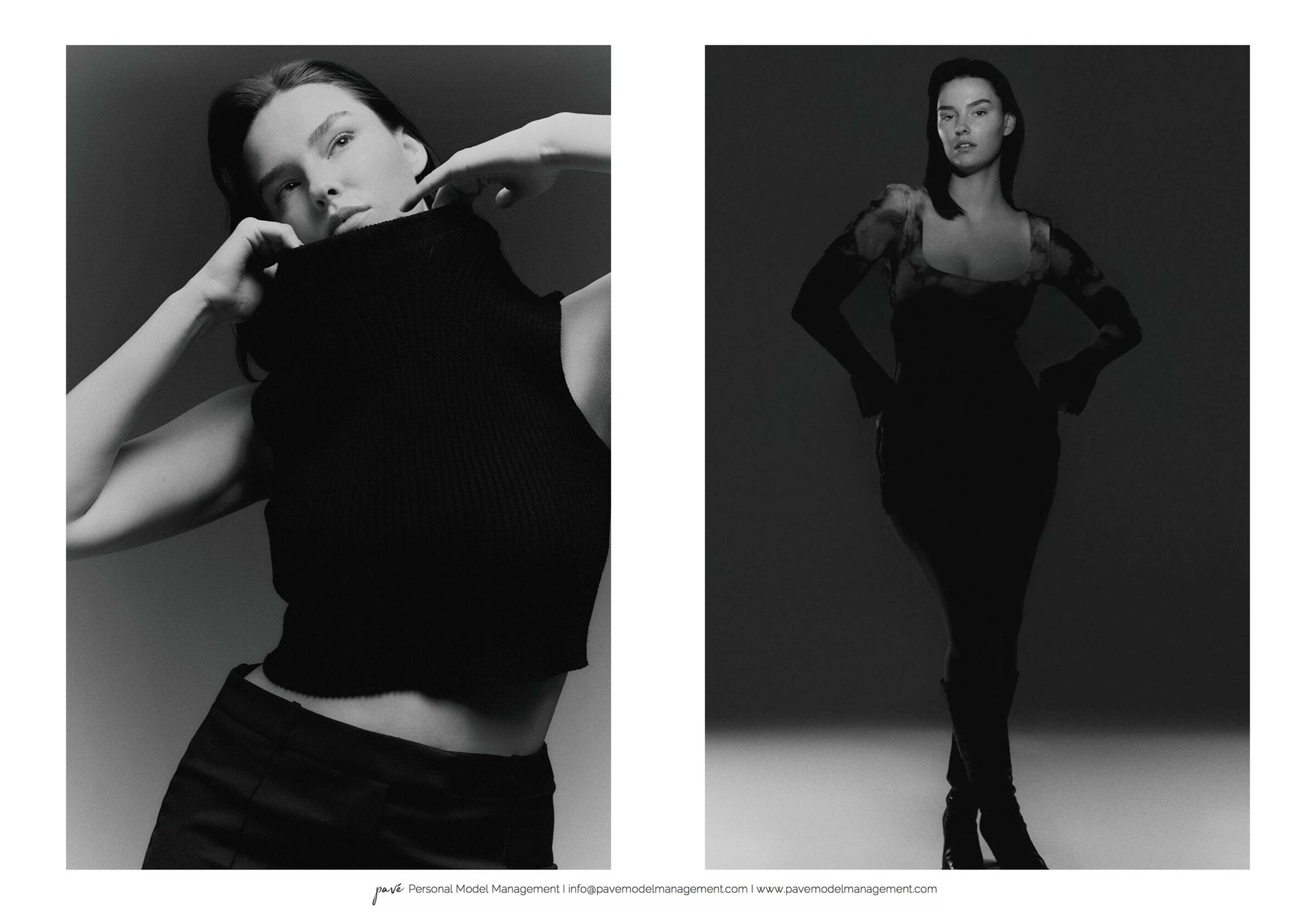 A black and white diptych portrait of a woman in different outfits and poses.