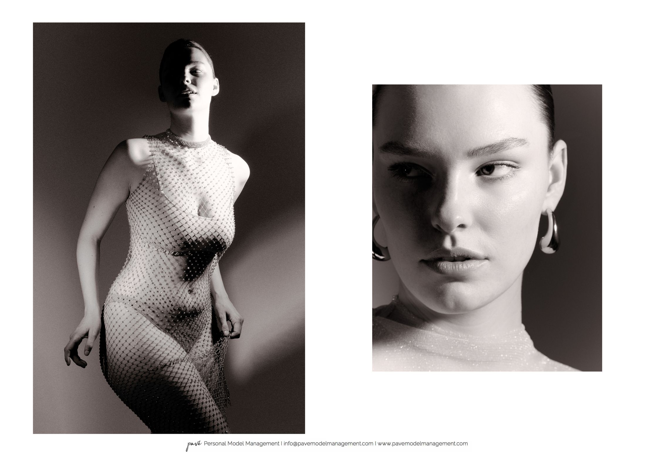 Two black and white fashion shots of a woman in a mesh dress and hoop earrings.
