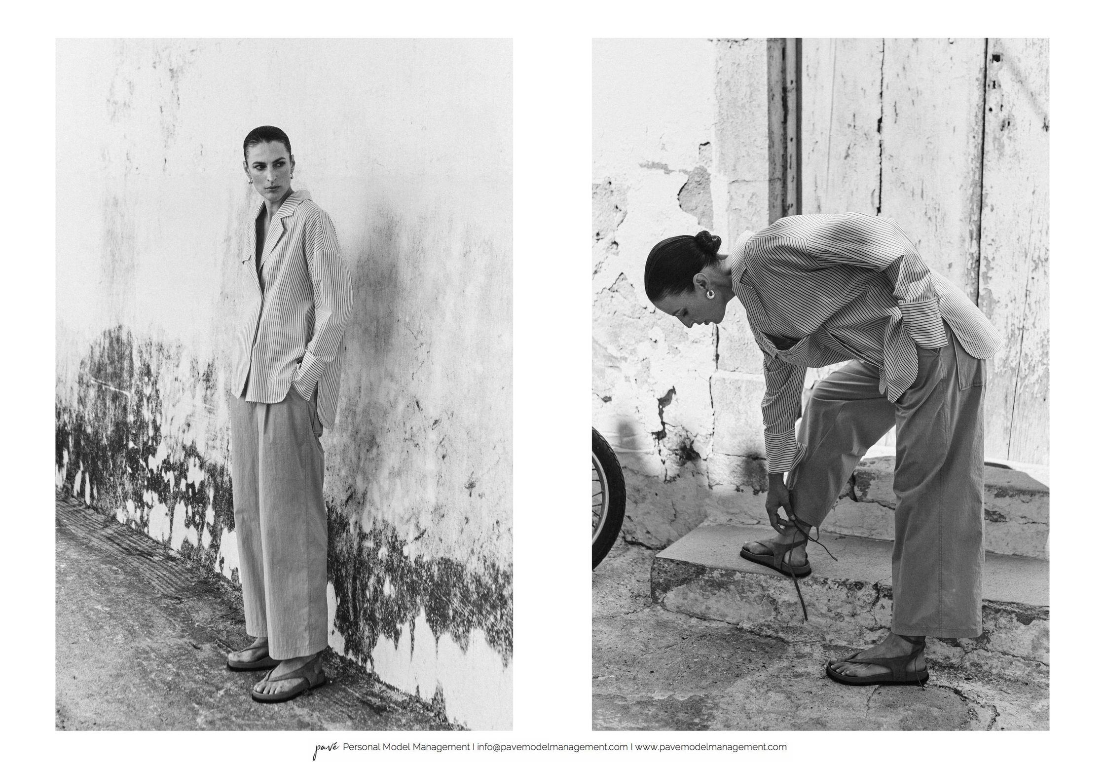 A black and white diptych shows a model in a striped shirt and pants posing against a wall and tying her sandals.