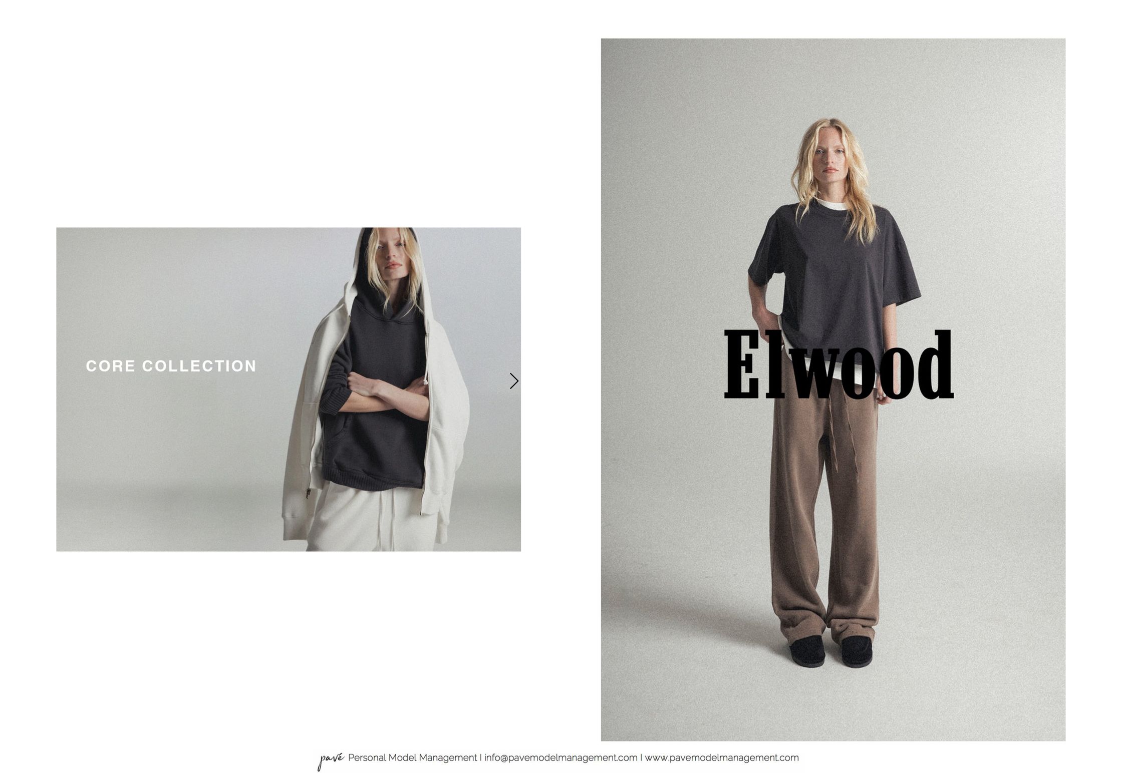 Two images of models in casual clothing with "CORE COLLECTION" and "Elwood" text, along with a "Pave Personal Model Management" watermark.