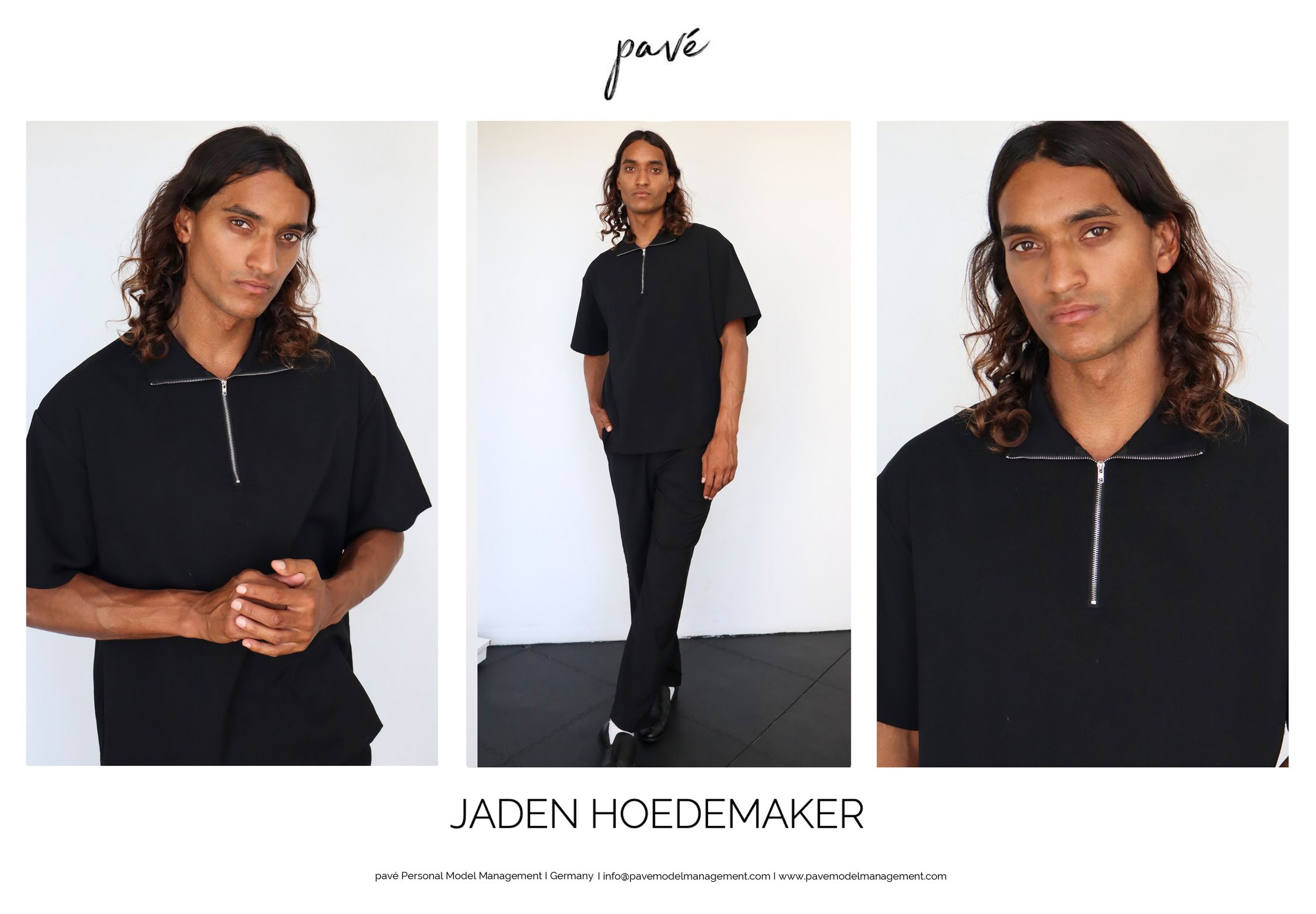 A triptych of a male model with long curly brown hair and dark eyes wearing a black polo shirt with a silver zipper in different poses.