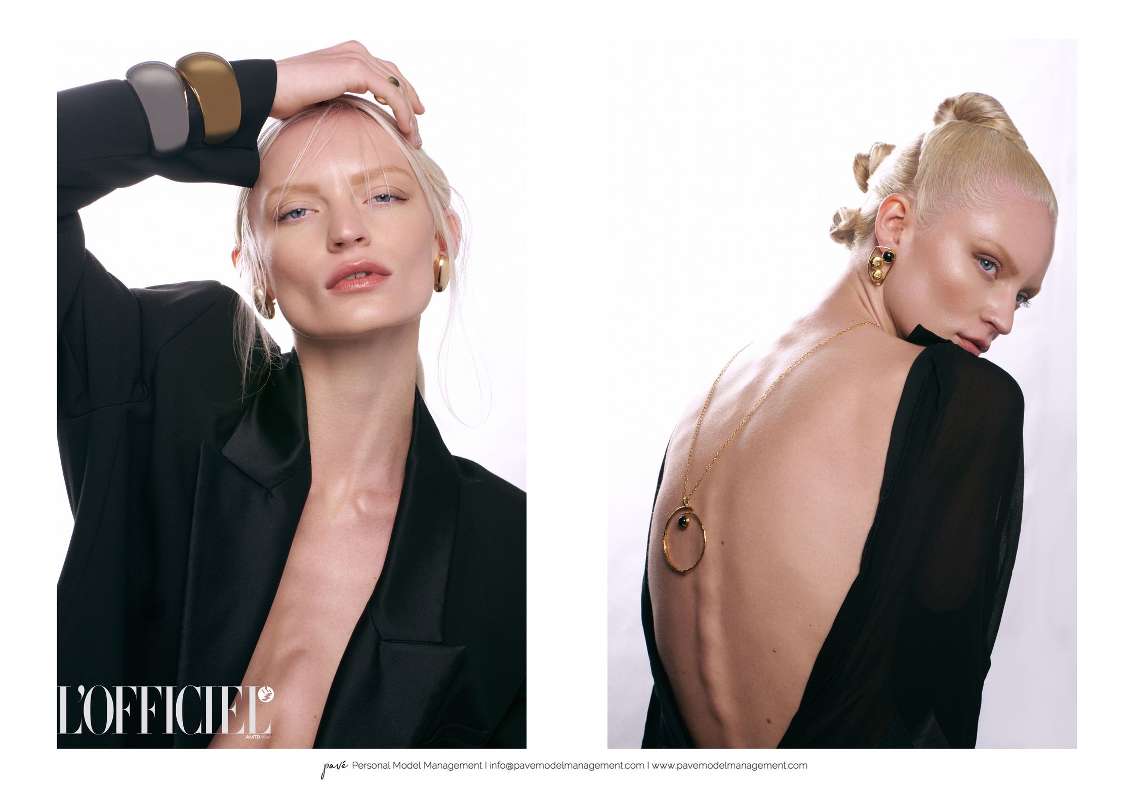 A two-panel image shows a blonde woman wearing black clothing and gold and grey jewelry.