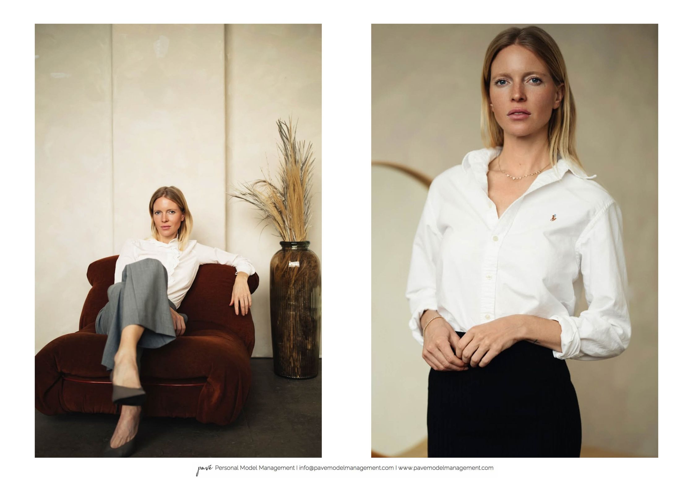 A woman in a white shirt and grey trousers sitting in a brown armchair, and a close-up of the woman in a white shirt and black skirt.