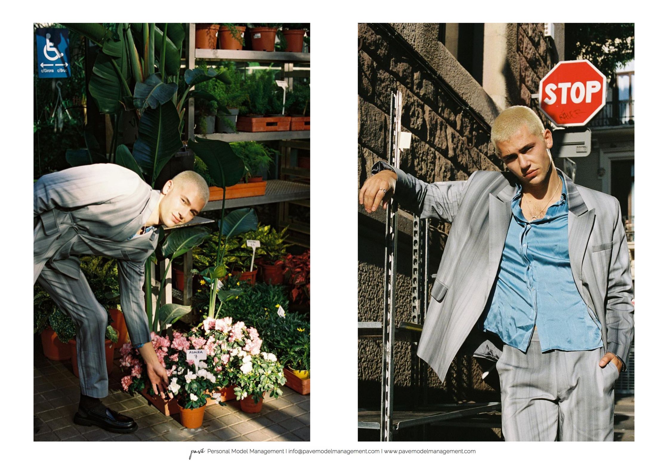 A male model with buzzed blonde hair poses in two different scenes, looking at the camera.