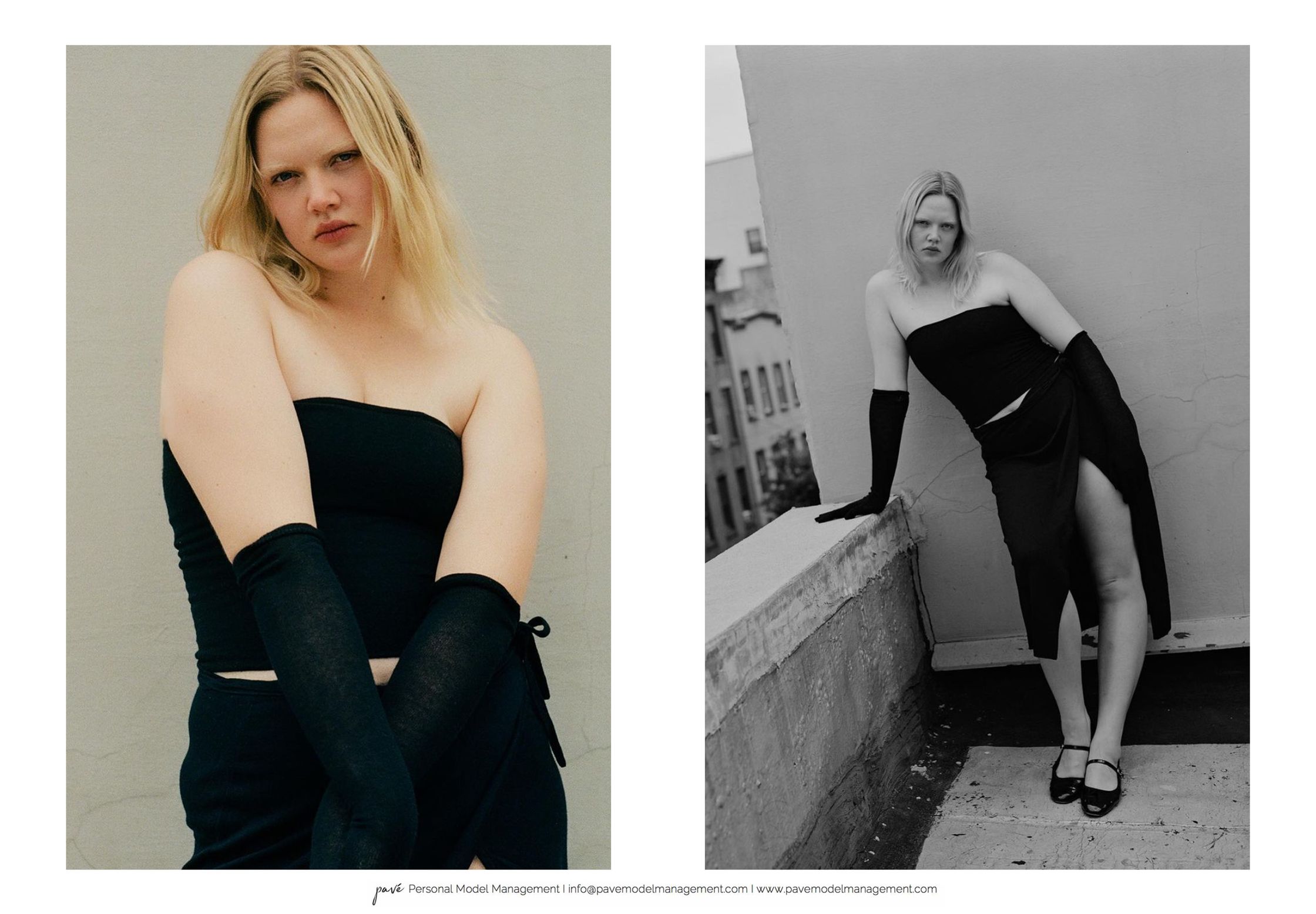 A blonde model in a black strapless top and skirt with long black gloves, shown in both color and black and white.
