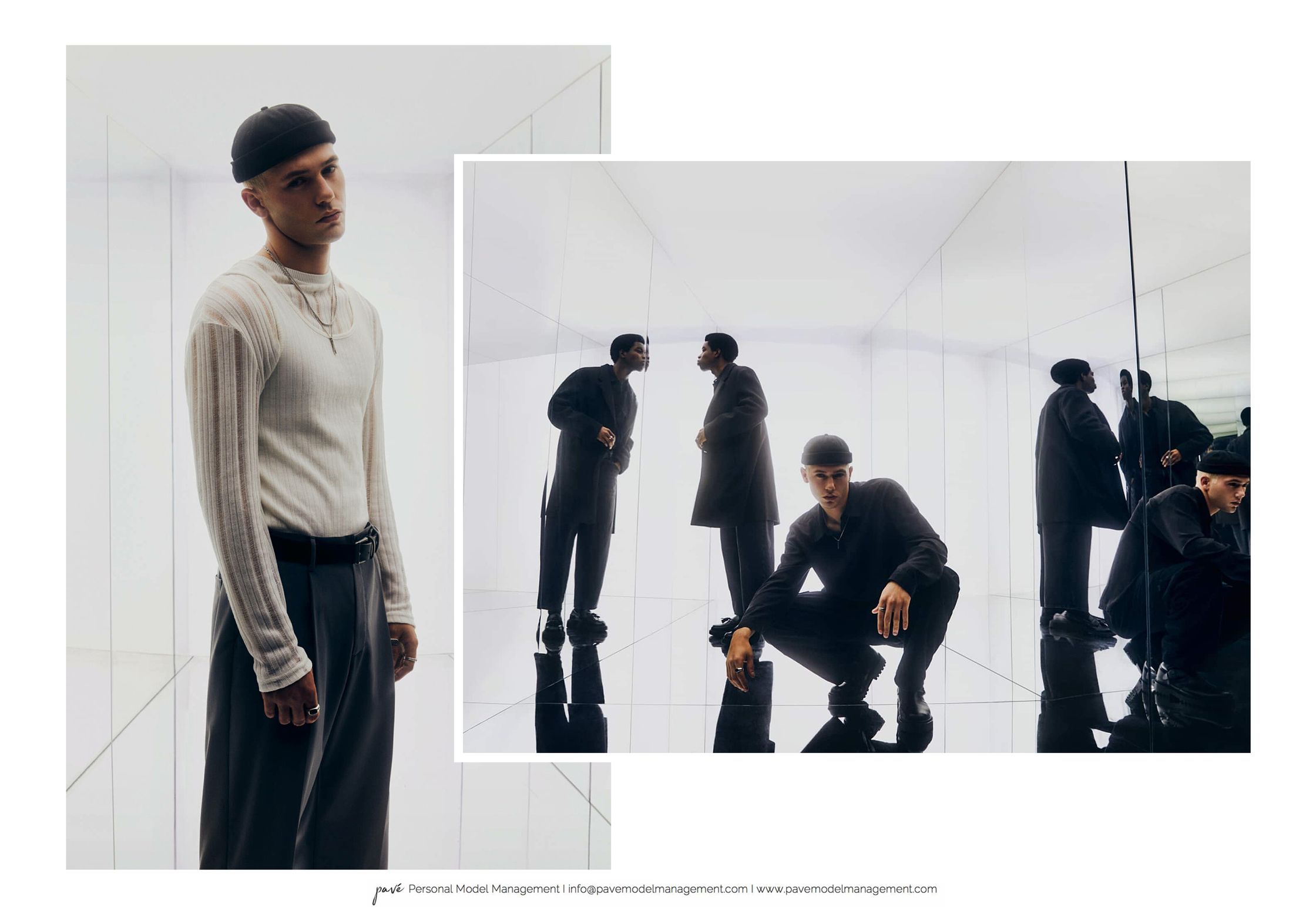 A fashion photo collage with a man in white clothing on the left and multiple men in black clothing on the right, all in minimalist, mirrored spaces.