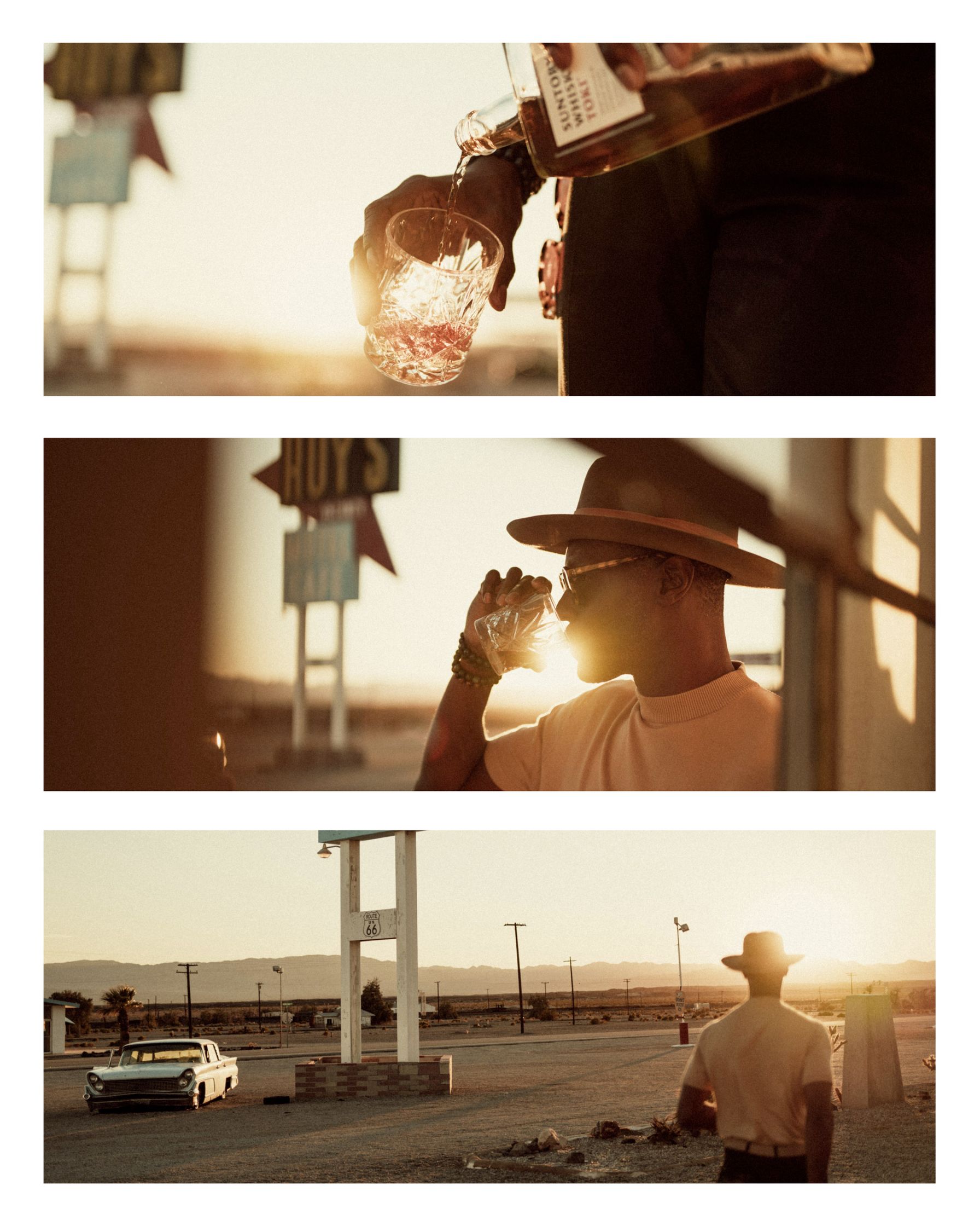 Pictures of a man in a hat holding a bottle of wiskey