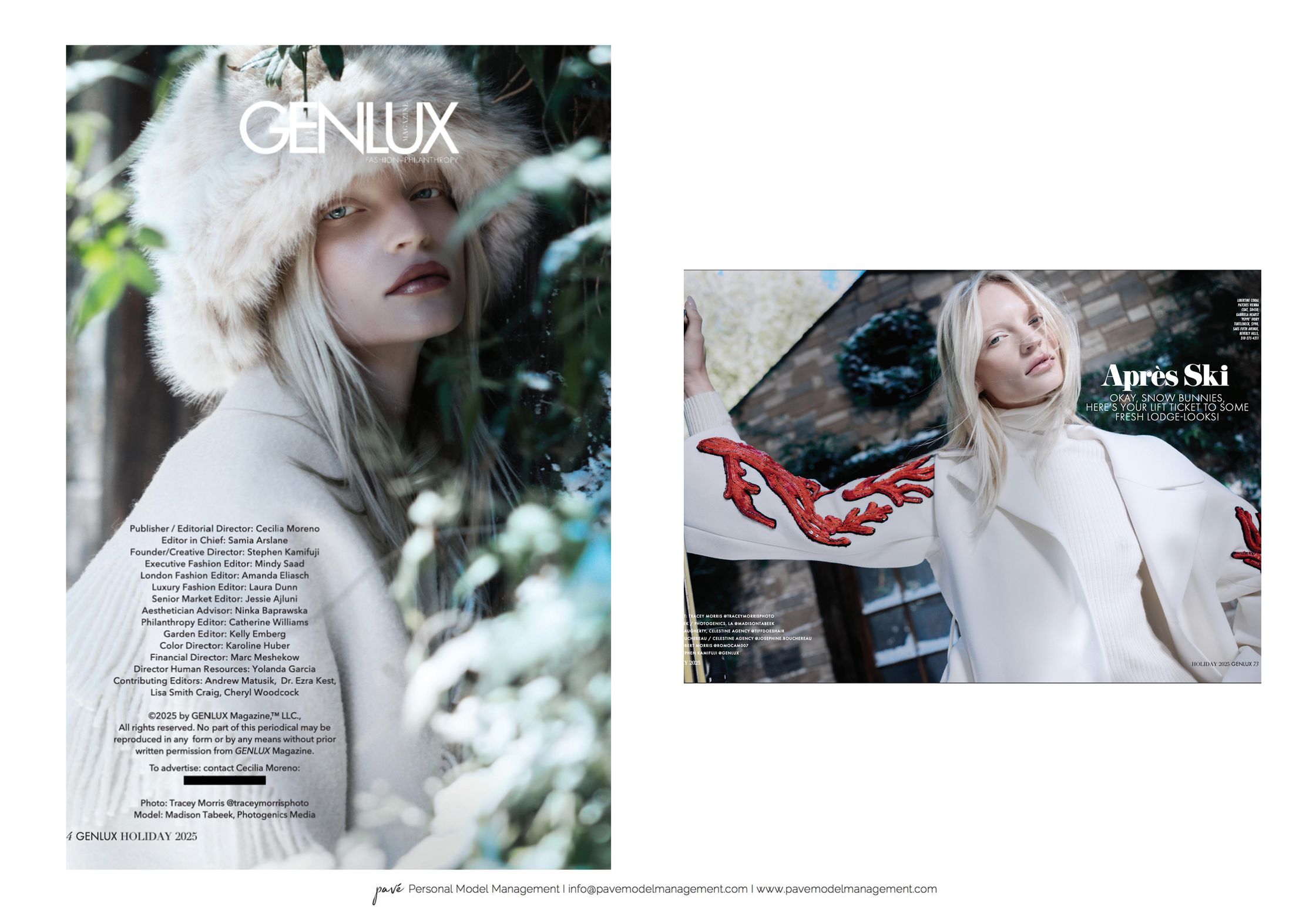 A magazine spread showing a woman wearing a fur-brimmed cap on the left and another woman in a white coat with red coral-like embroidery on the right, with "Après Ski" text.