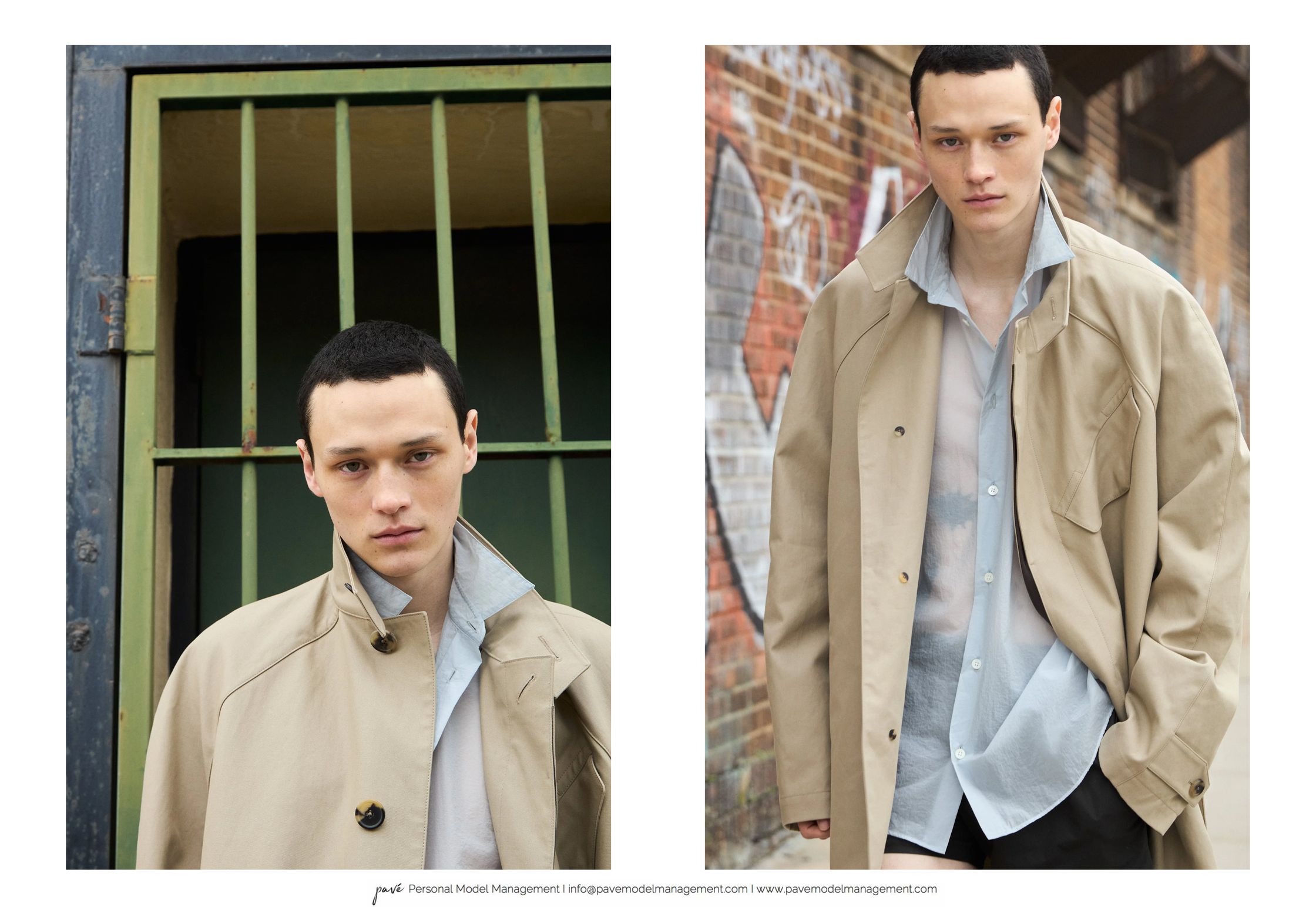 A pale-skinned man with dark hair poses in two different photos wearing a tan trench coat over a light blue sheer shirt.
