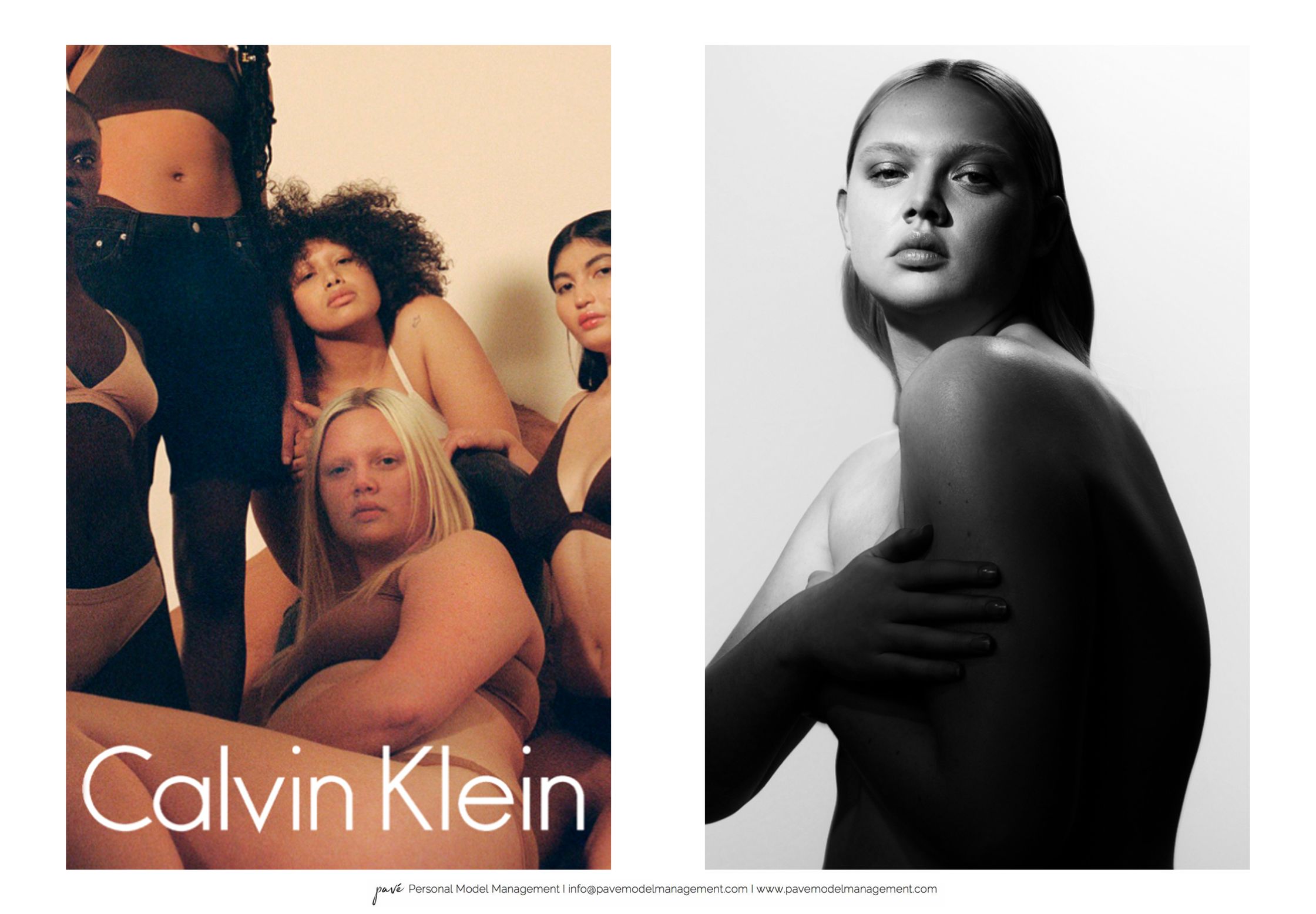 A split image featuring a Calvin Klein ad with five diverse women in lingerie on the left, and a black and white photo of a woman in profile on the right.