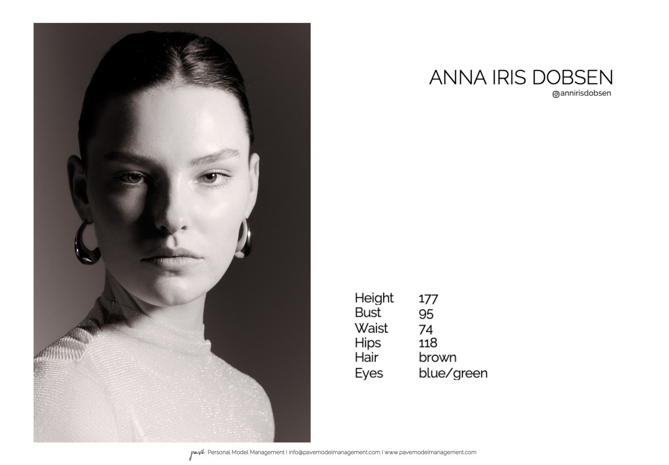A black and white headshot of Anna Iris Dobsen with her modeling stats listed next to her photograph.