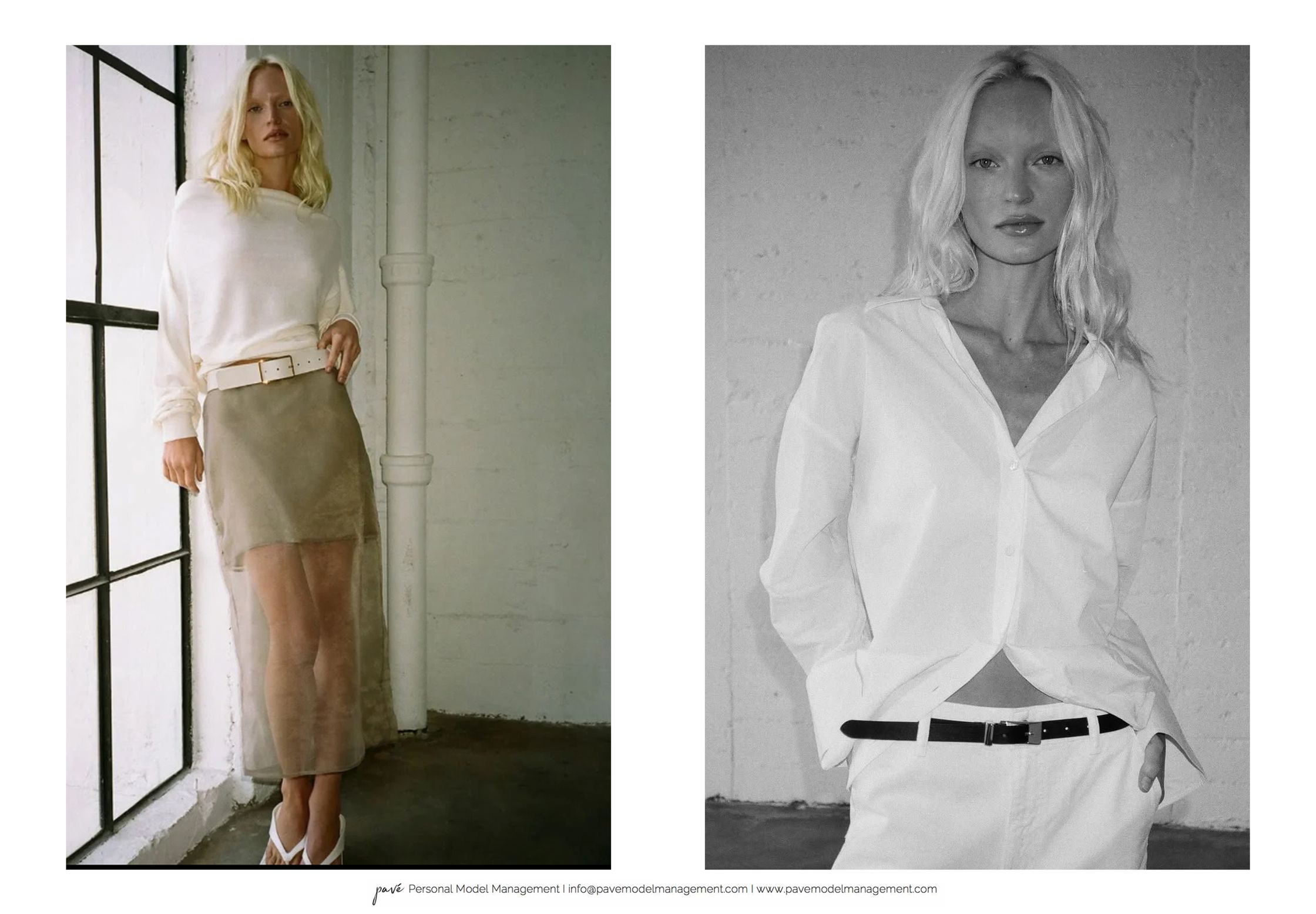 A blonde woman in two different outfits, one with a white sweater and sheer skirt, and another in a white button-up shirt and pants, next to a window and against a textured wall.