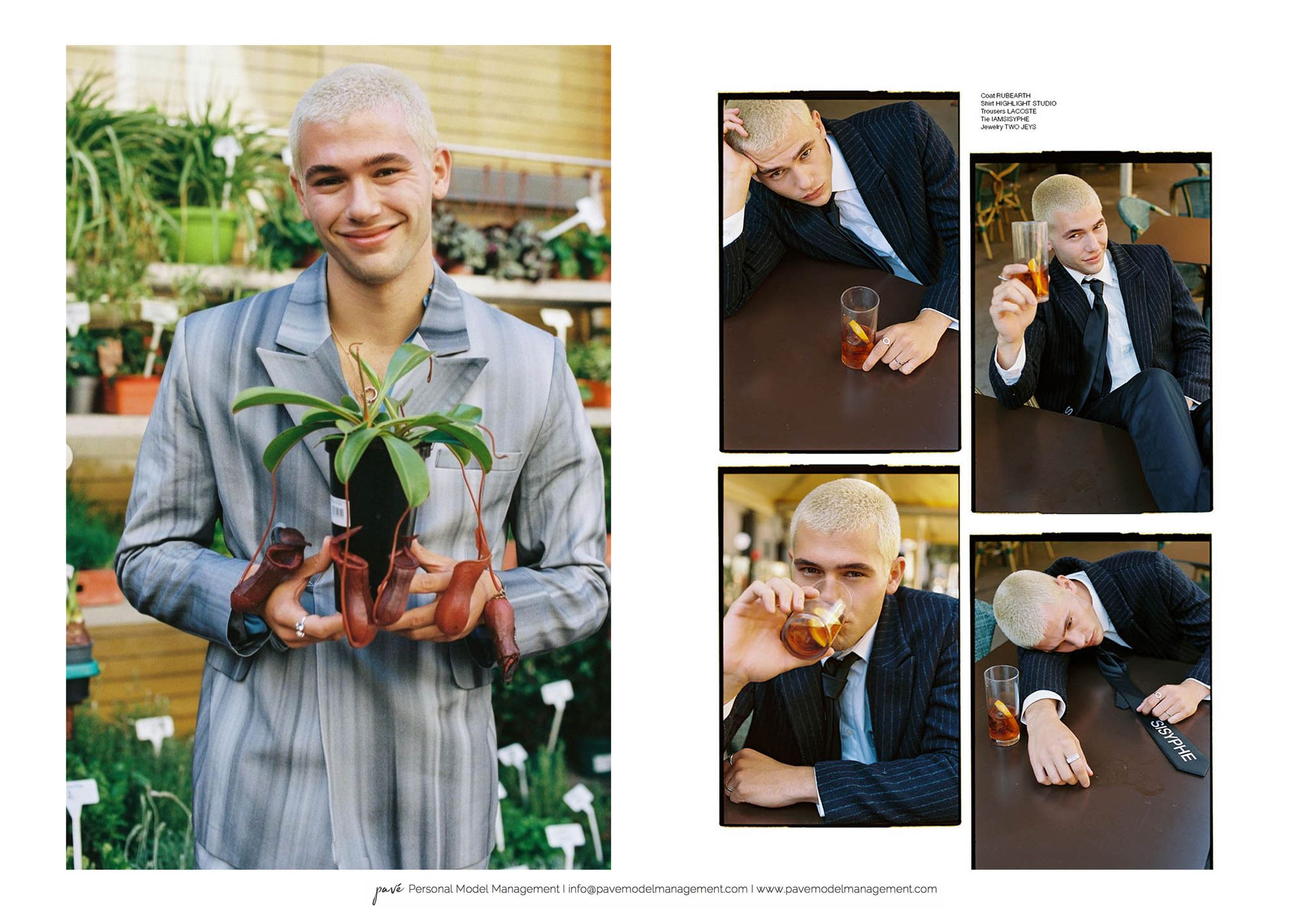 A multi-panel collage featuring a light-haired man in a suit, holding a pitcher plant and also shown drinking and resting his head on a table.