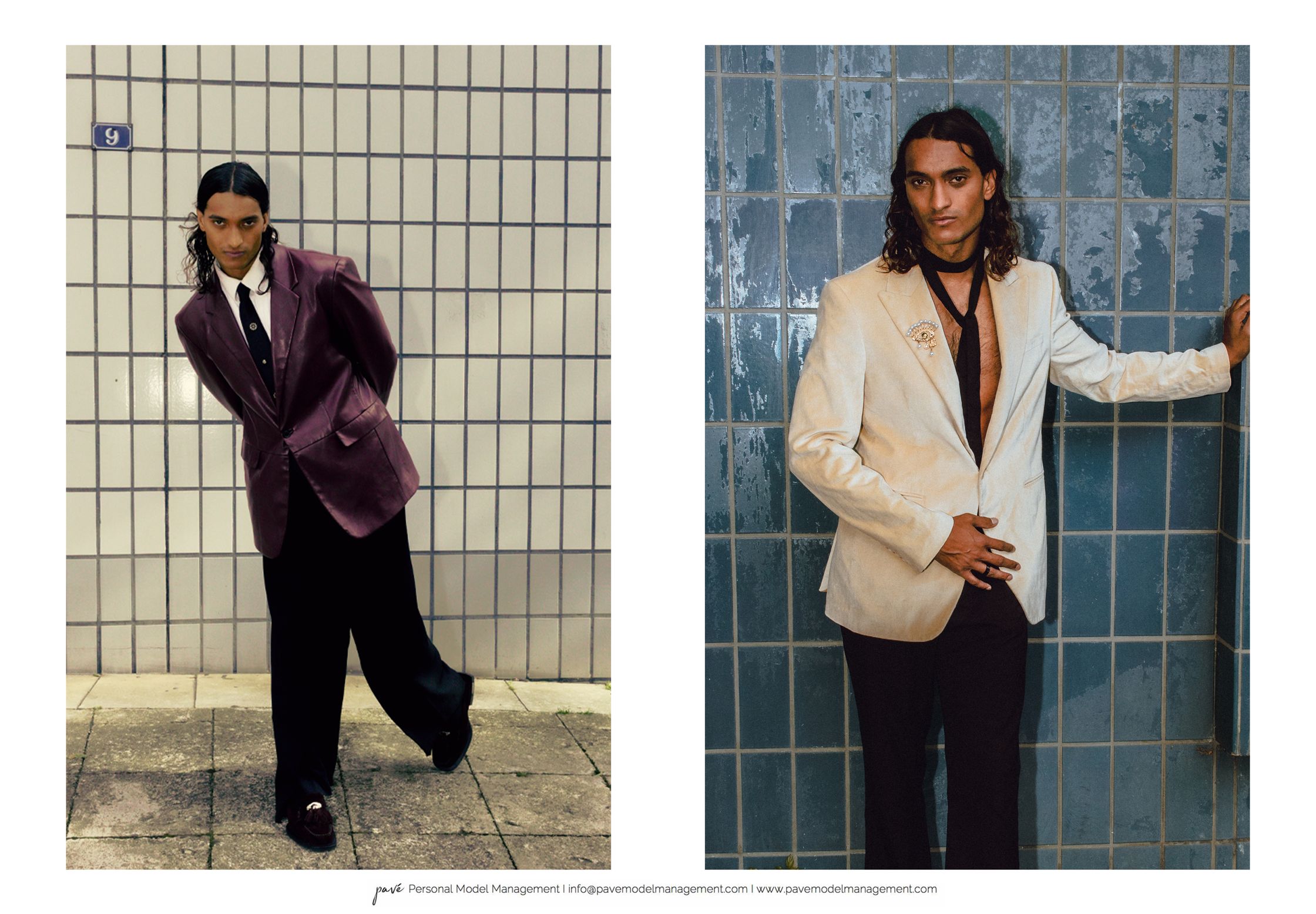 A two-panel image showing a man in formal wear, on the left in a purple suit against striped white tiles and on the right in a cream suit against blue tiles.