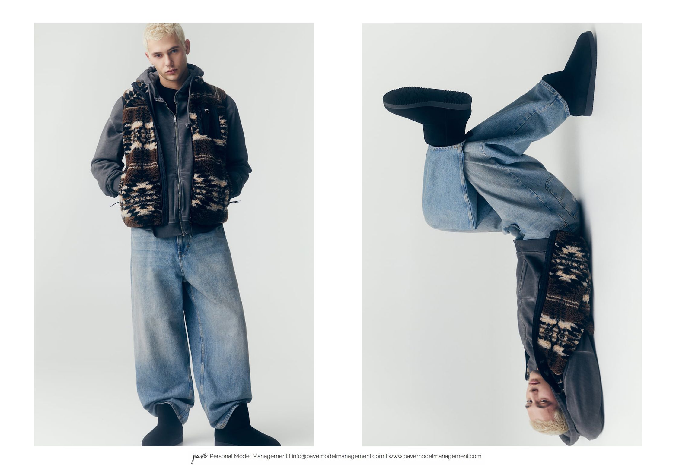 A split-screen image featuring a man in a patterned vest, hooded sweatshirt, and baggy jeans standing on the left, and inversed on the right, propped against a wall.