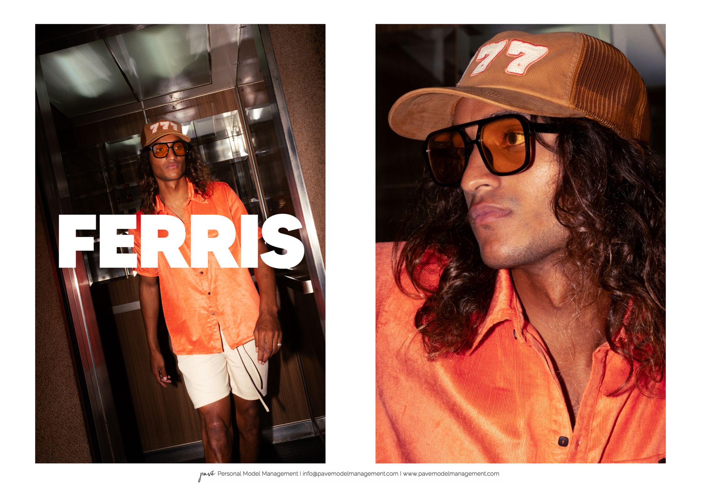 A two-panel image shows a man wearing an orange short-sleeved shirt, beige shorts, orange tinted sunglasses, and a beige mesh baseball cap with "777" on the front.